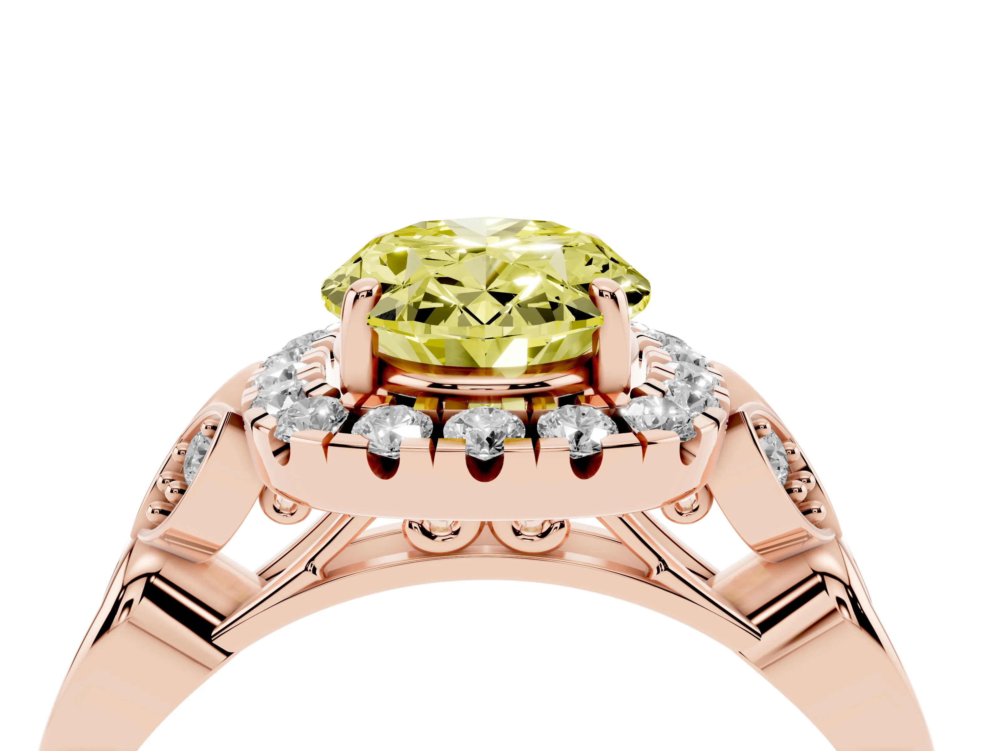Fancy Yellow Oval Cut Diamond Halo Engagement Ring Set in Rose gold with Vintage-Inspired Band and Prong Setting
