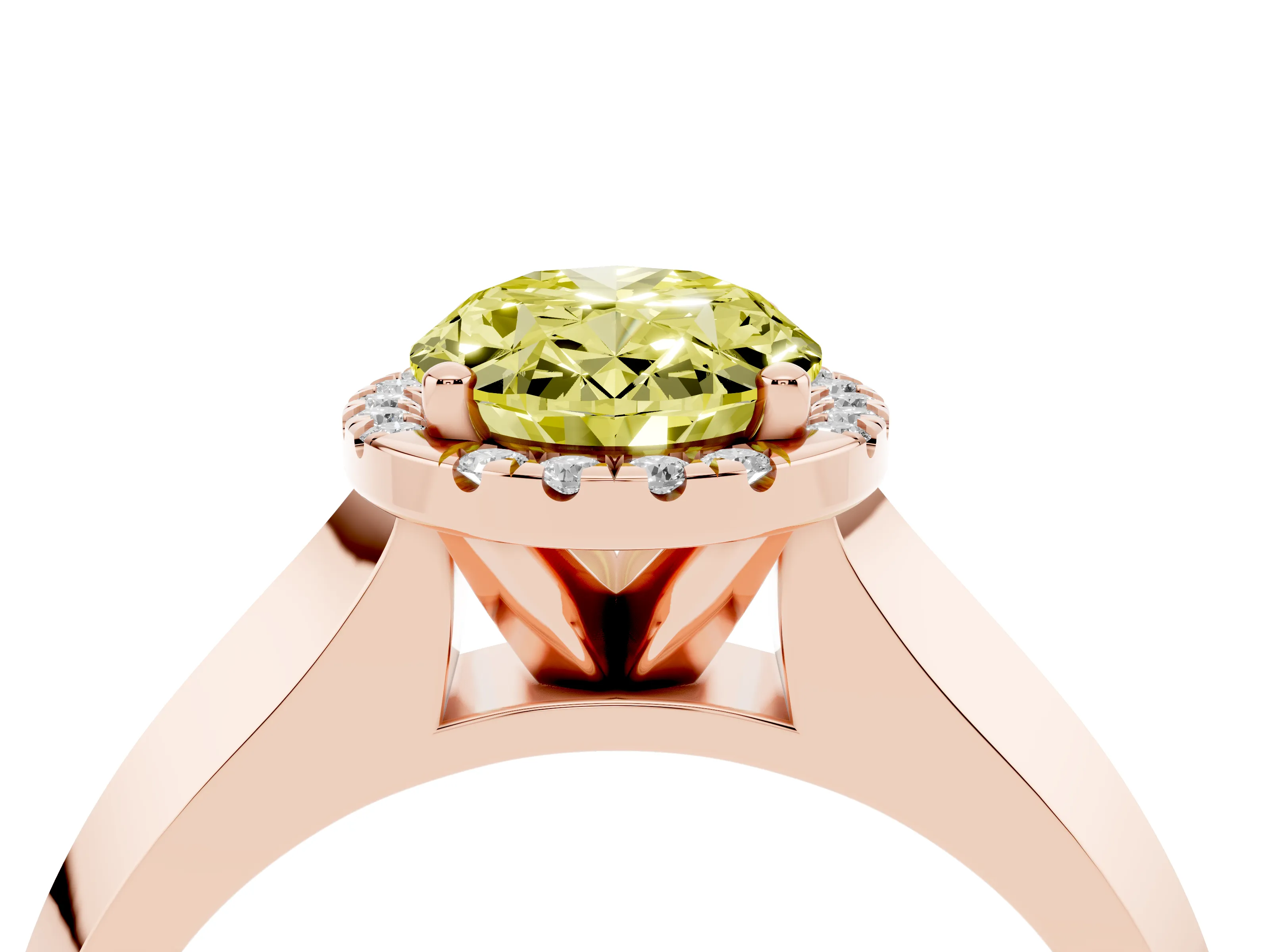 Fancy Yellow Oval Cut Diamond Halo Ring Set in Rose gold with Cathedral Band and Prong Setting