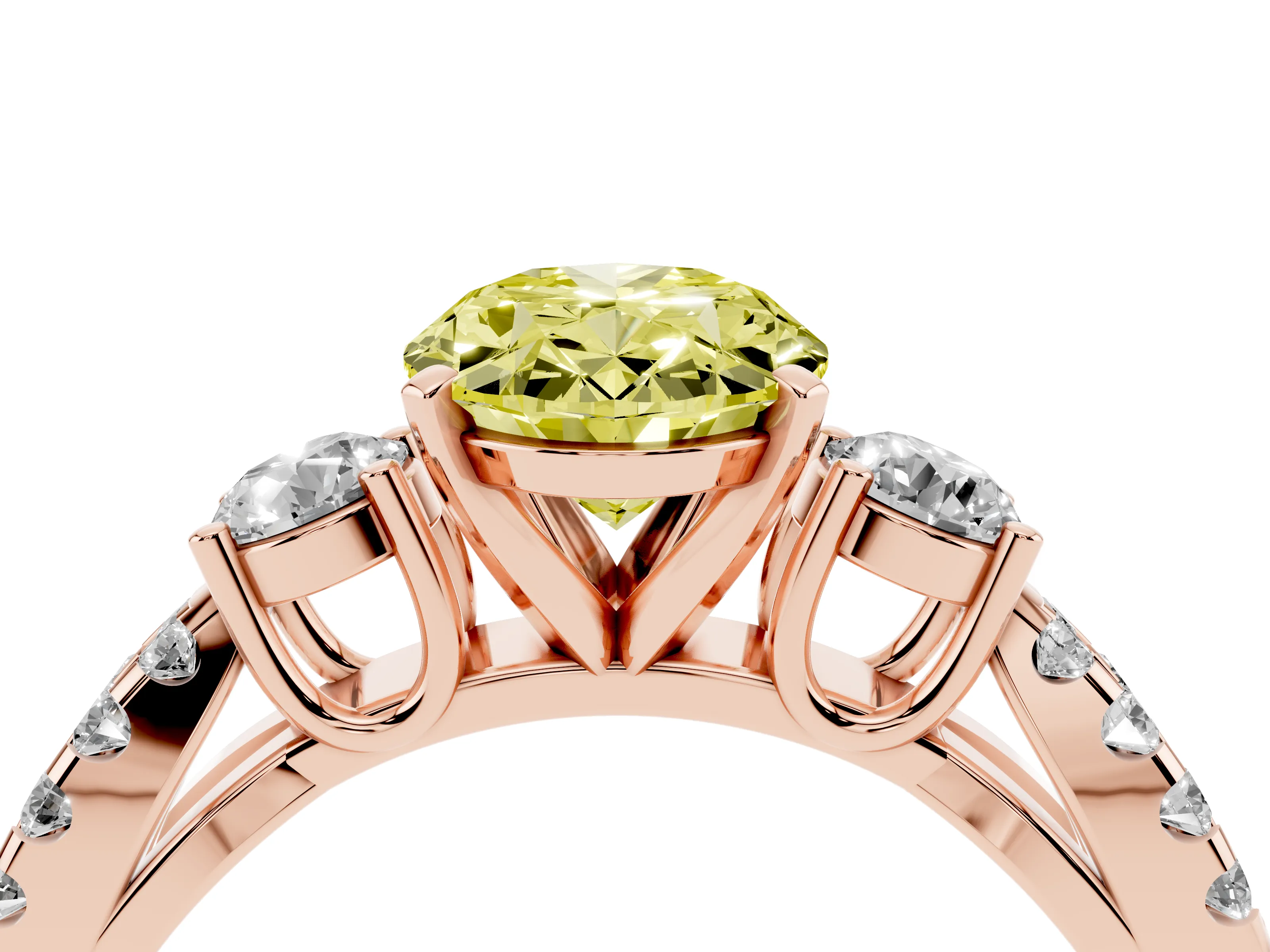 Fancy Yellow Oval Cut Diamond Three-Stone Ring Set in Rose gold with Pavé Split Shank and Prong Setting
