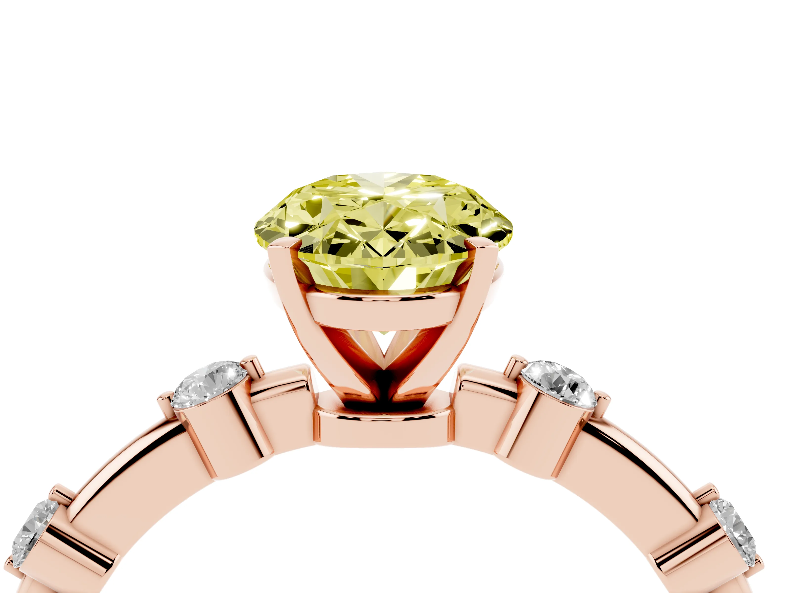 Fancy Yellow Oval Cut Diamond Solitaire Ring Set in Rose gold with Bezel Set Side Stones and Prong Setting