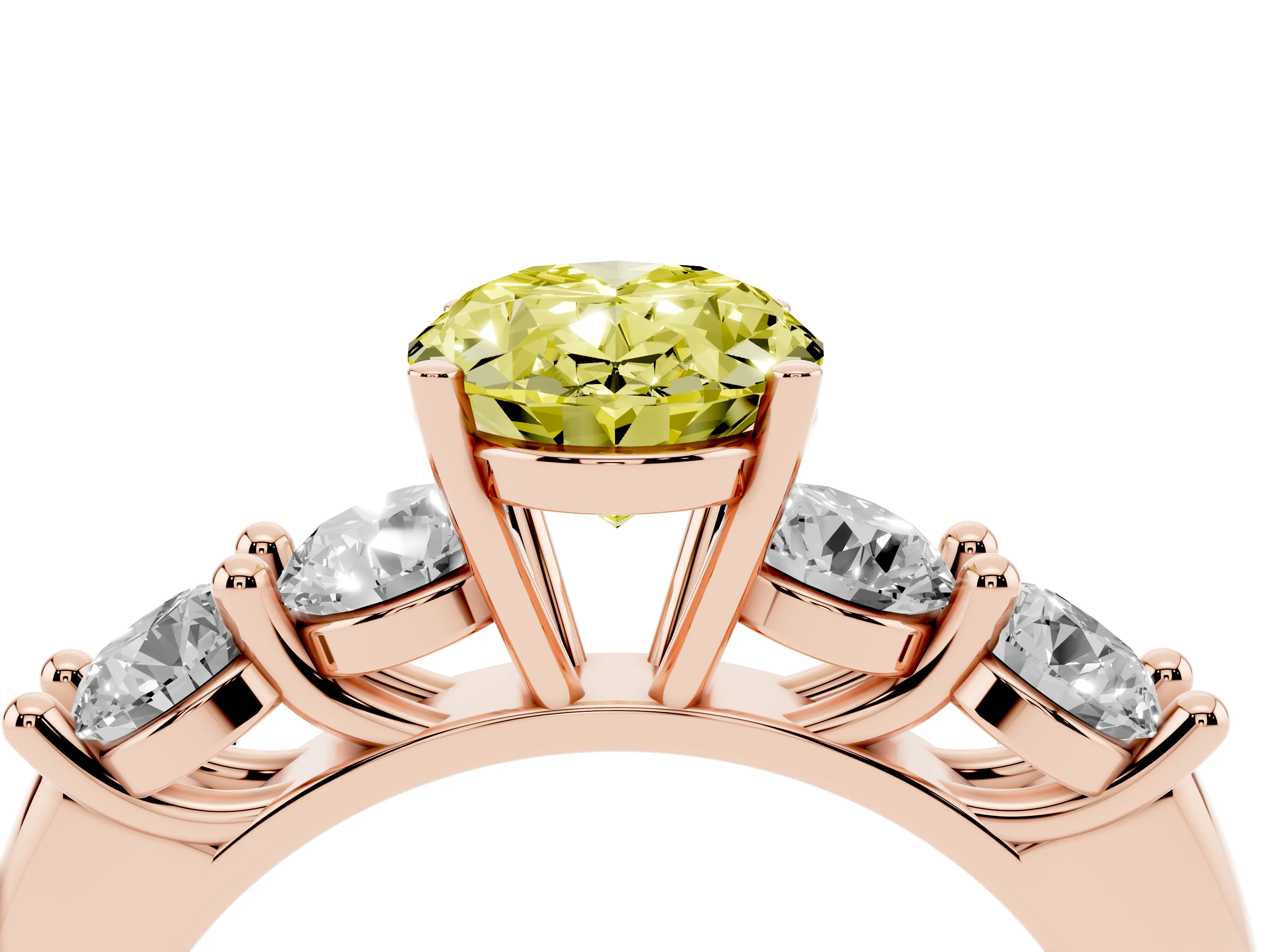Fancy Yellow Oval Cut Diamond Five-Stone Prong Set Ring Set in Rose gold with Classic Band
