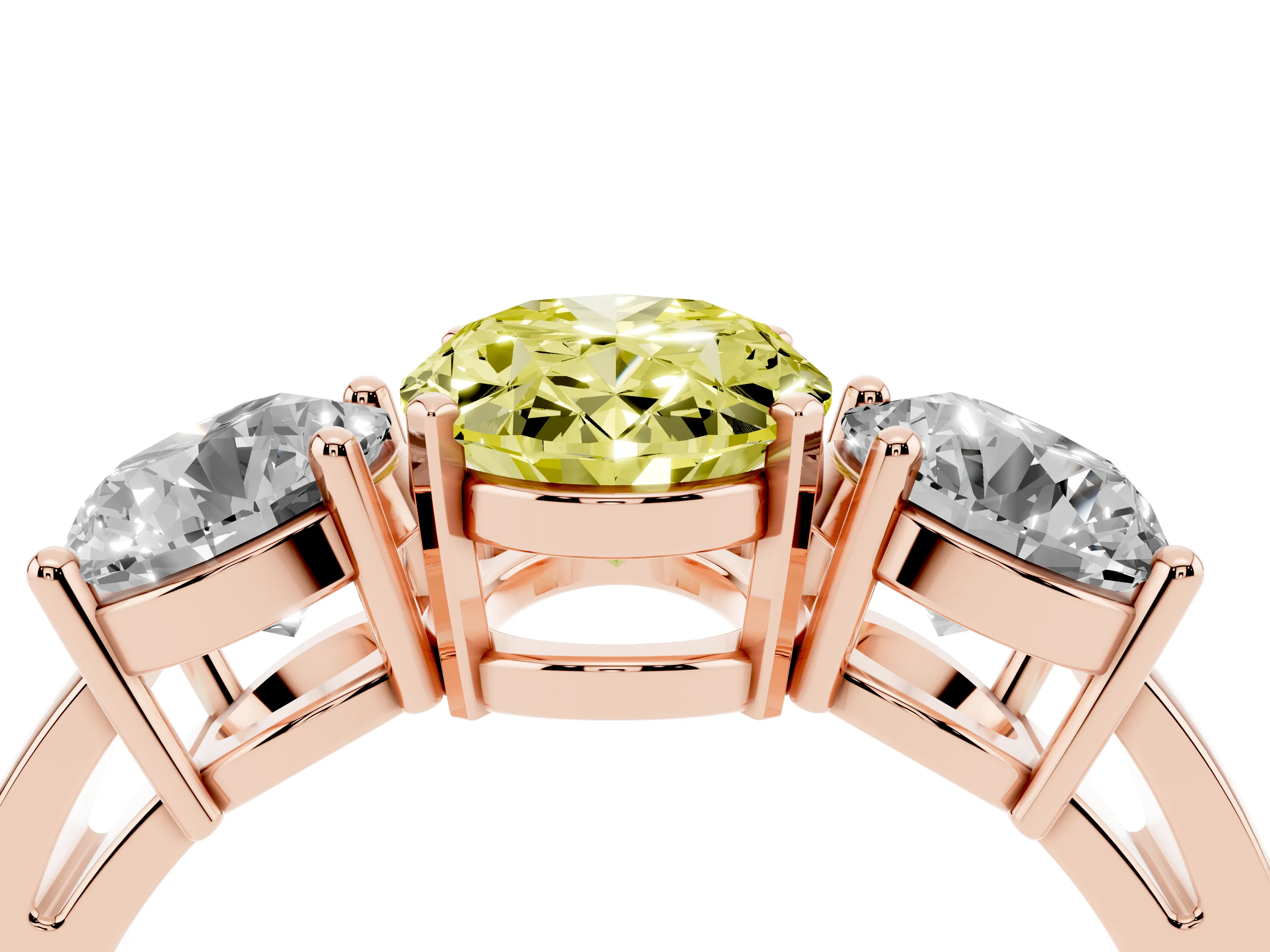 Fancy Yellow Oval Cut Diamond Three-Stone Ring Set in Rose gold with Round Side Stones and Classic Band