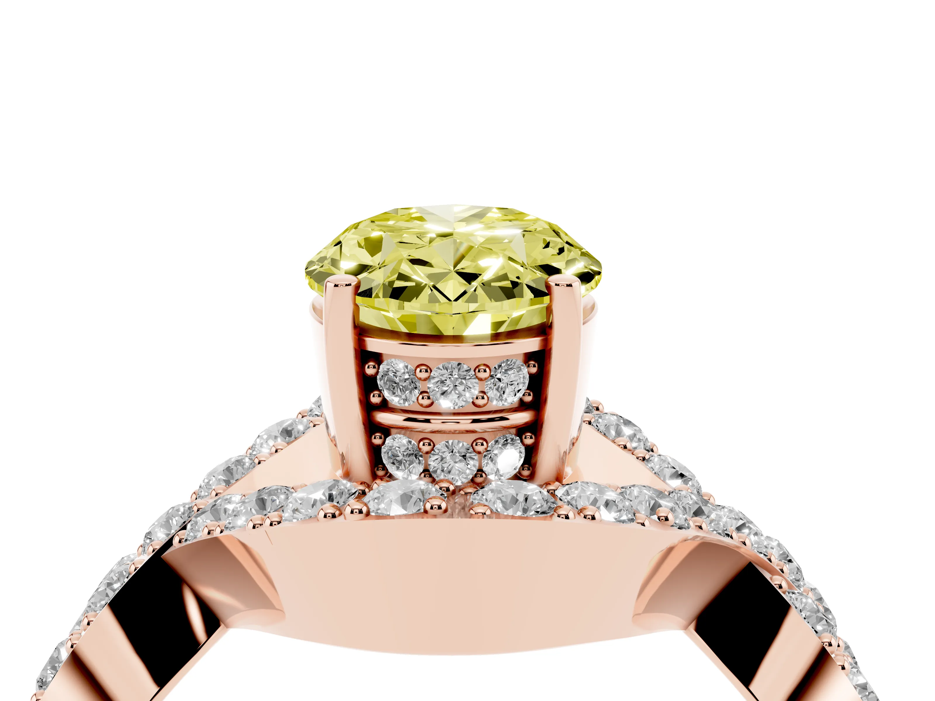 Fancy Yellow Oval Cut Diamond Solitaire Twist Band Pavé Engagement Ring Set in Rose gold