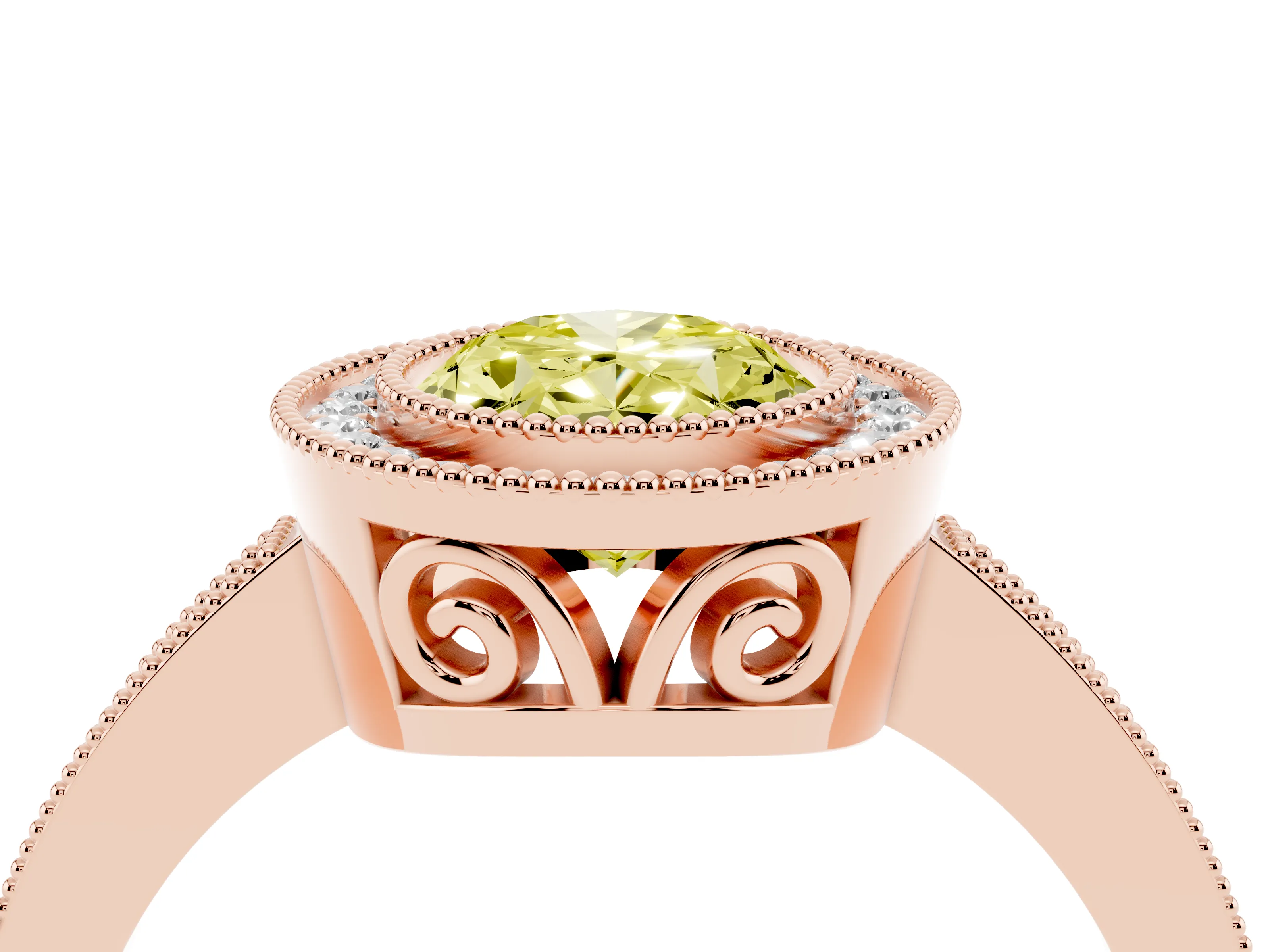 Fancy Yellow Oval Cut Diamond Halo Ring Set in Rose gold with Pavé Band and Milgrain-Edged Prongs