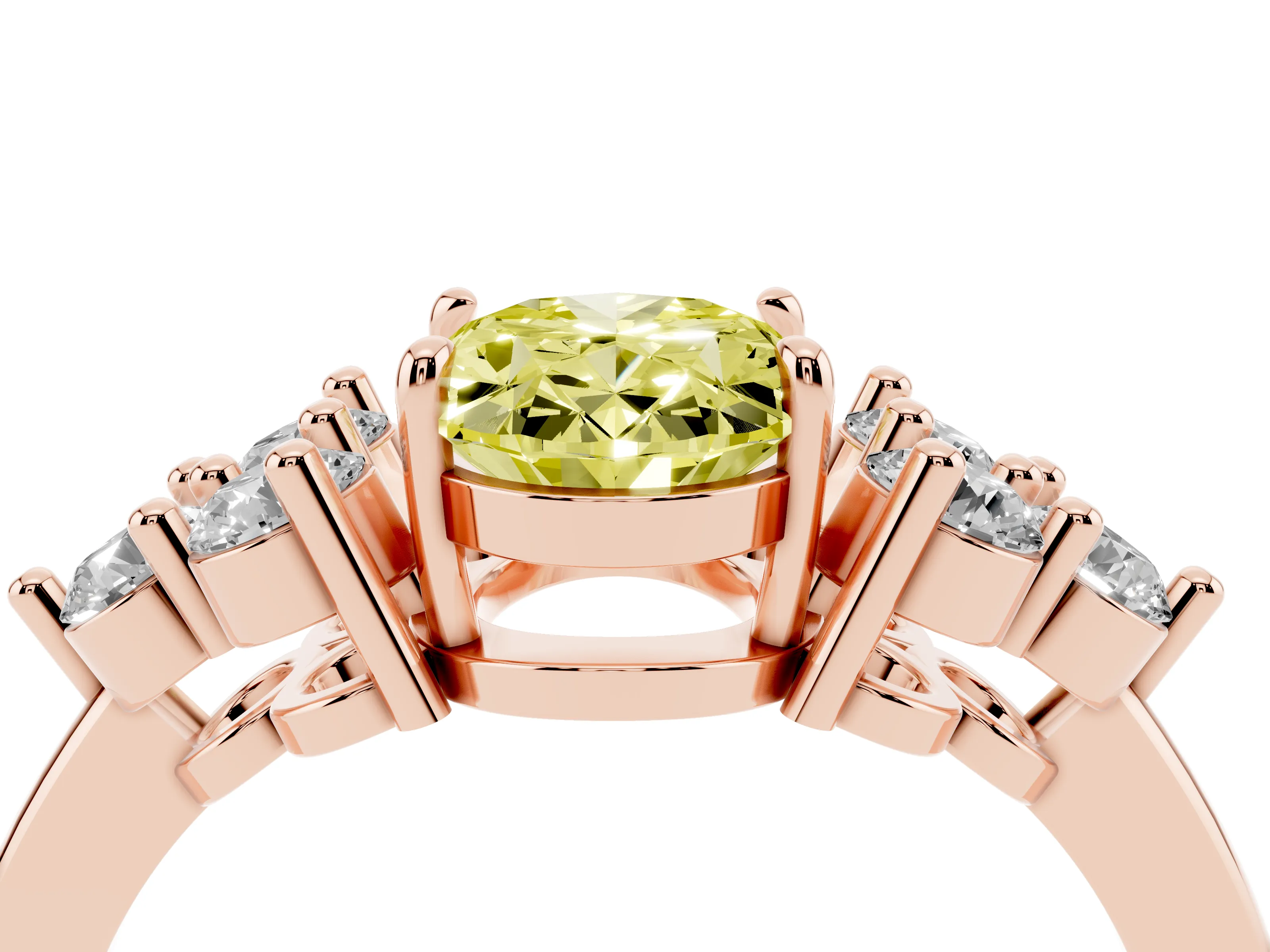 Fancy Yellow Oval Cut Diamond Solitaire Ring Set in Rose gold with Cluster Accents on Each Side