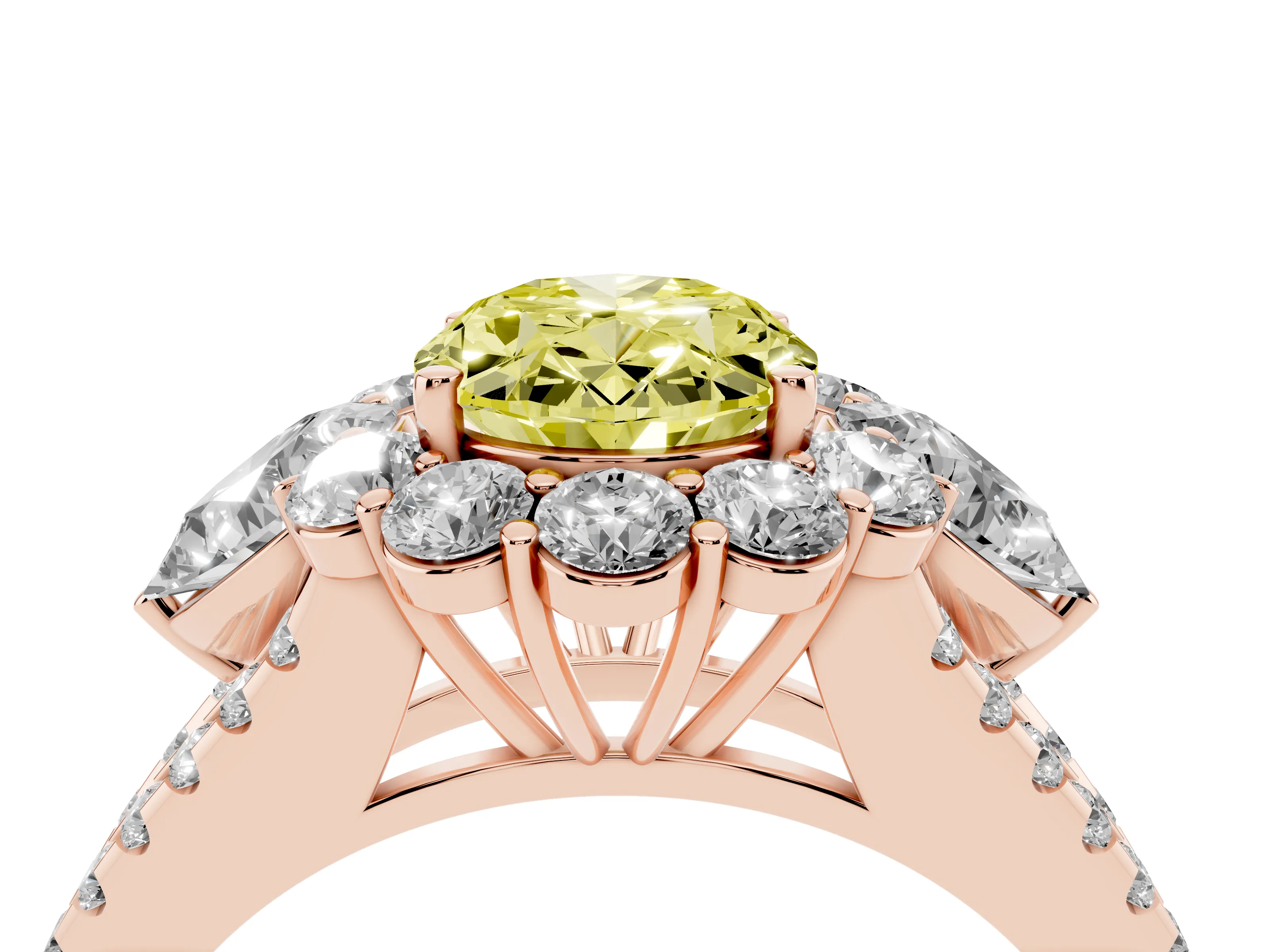 Fancy Yellow Oval Cut Diamond Halo Split Shank Engagement Ring Set in Rose gold with Prong-Held Center Stone