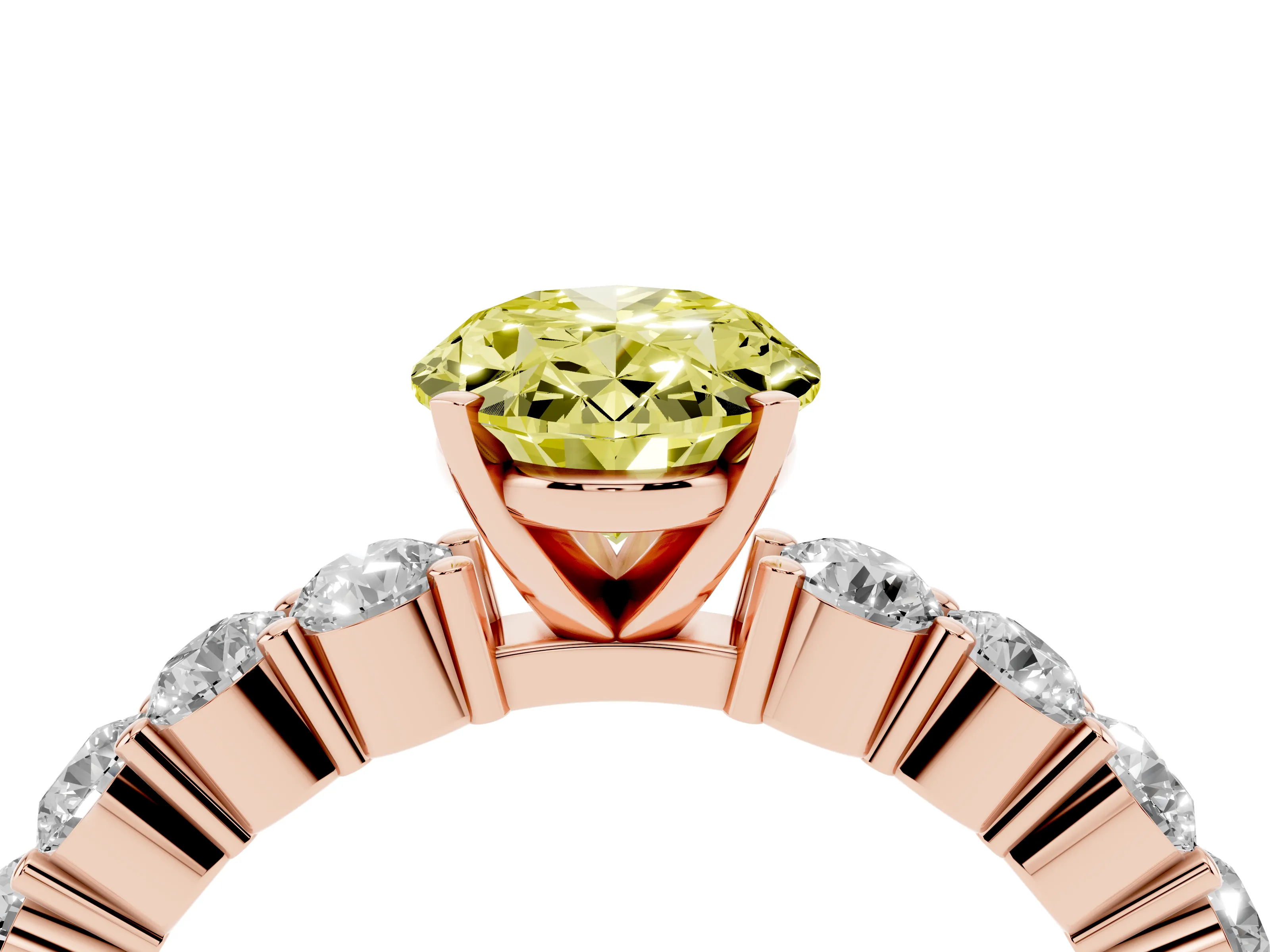 Fancy Yellow Oval Cut Diamond Solitaire Ring Set in Rose gold with Shared Prong Round Side Stones