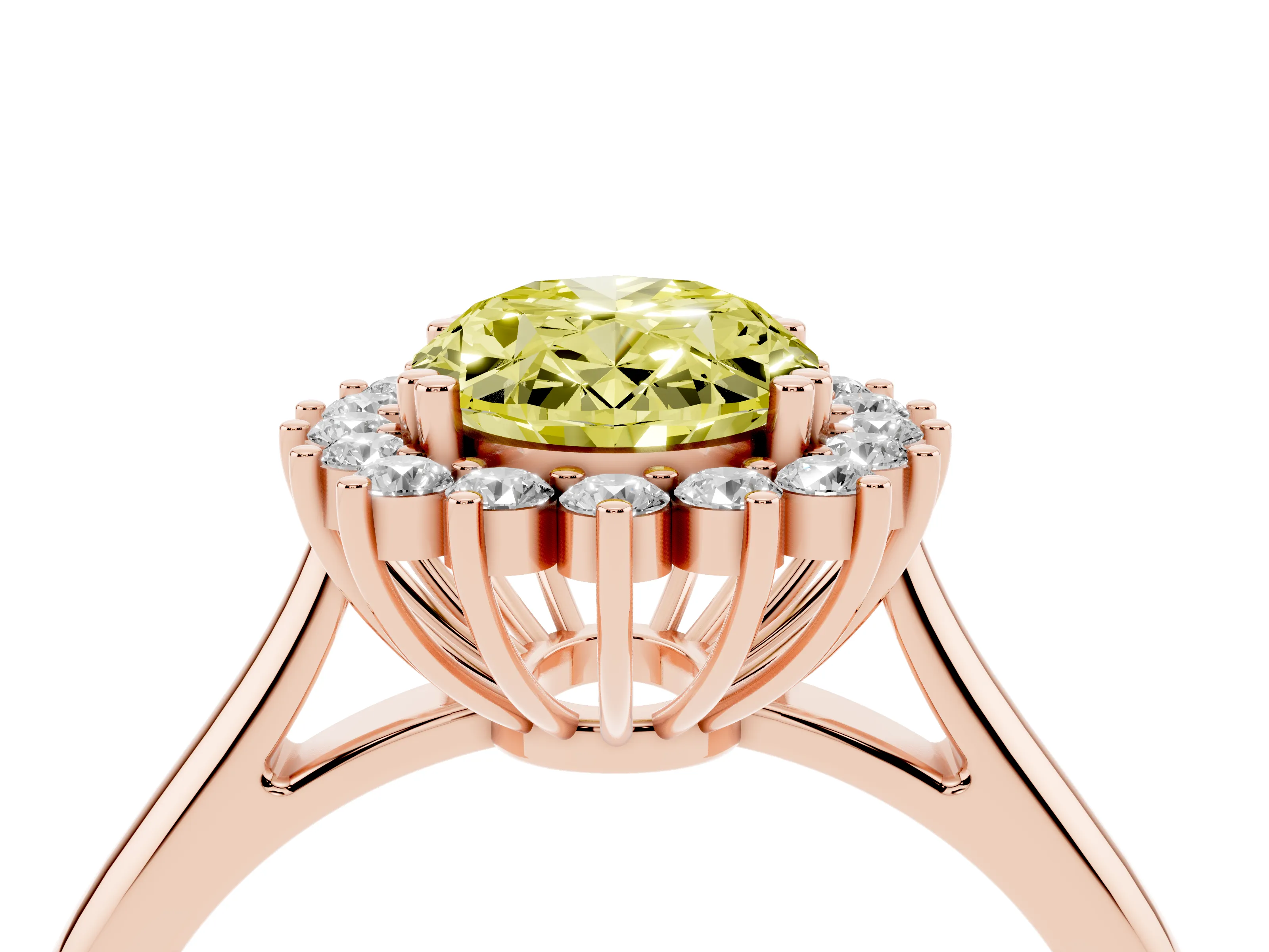 Fancy Yellow Oval Cut Diamond Halo Ring Set in Rose gold with Plain Solitaire Band and Prong Setting