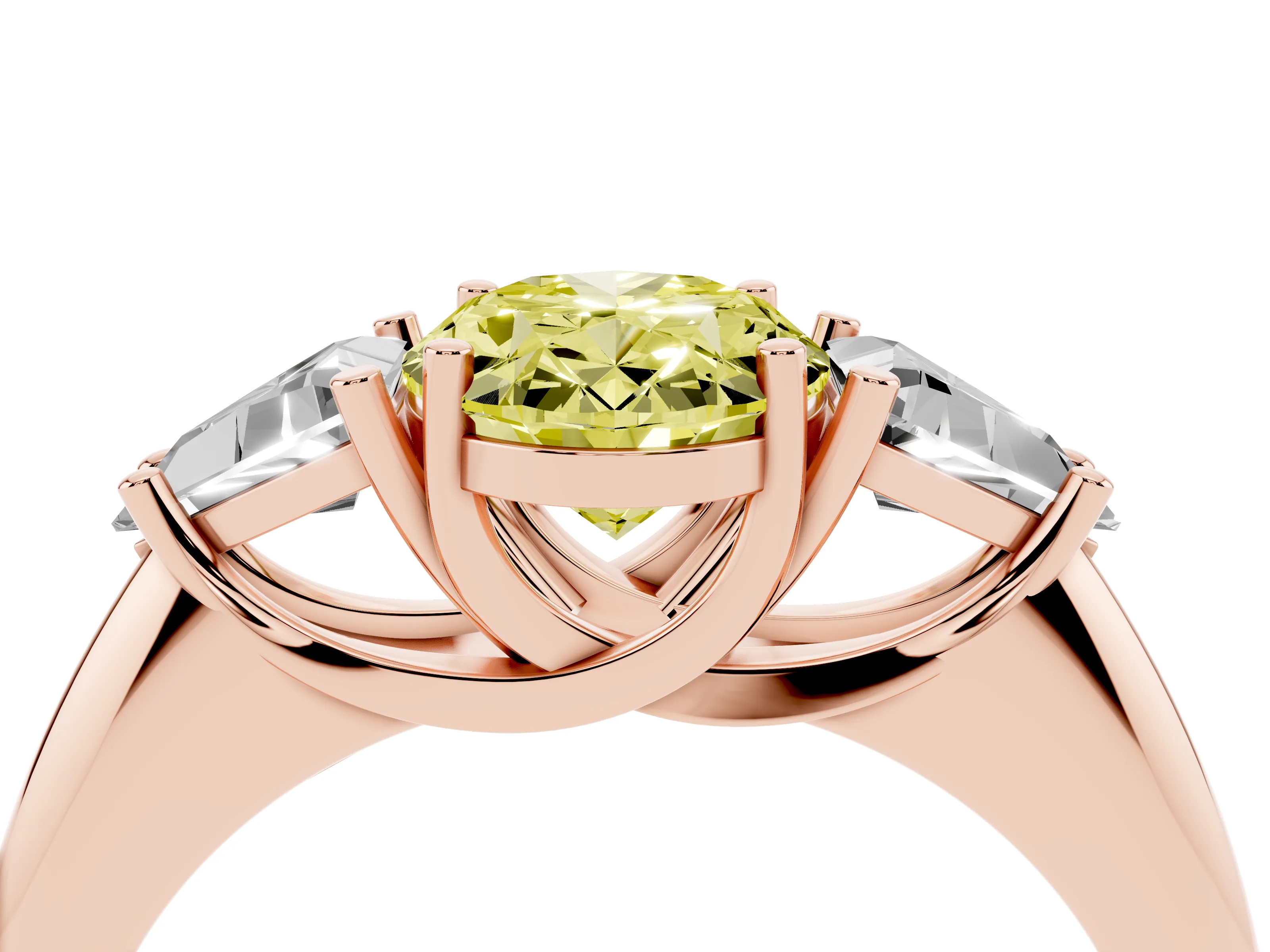 Fancy Yellow Oval Cut Diamond Three-Stone Engagement Ring Set in Rose gold with Trillion Side Stones