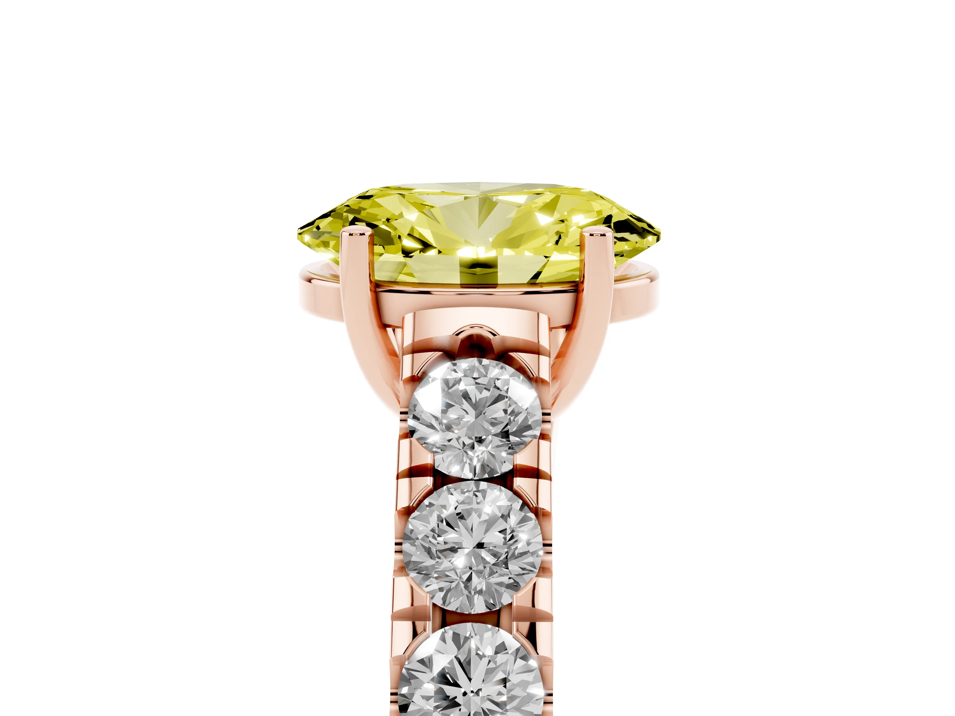 Fancy Yellow Oval Cut Diamond Solitaire Ring Set in Rose gold with Cut-Down Micro Pavé Band and Prong Setting