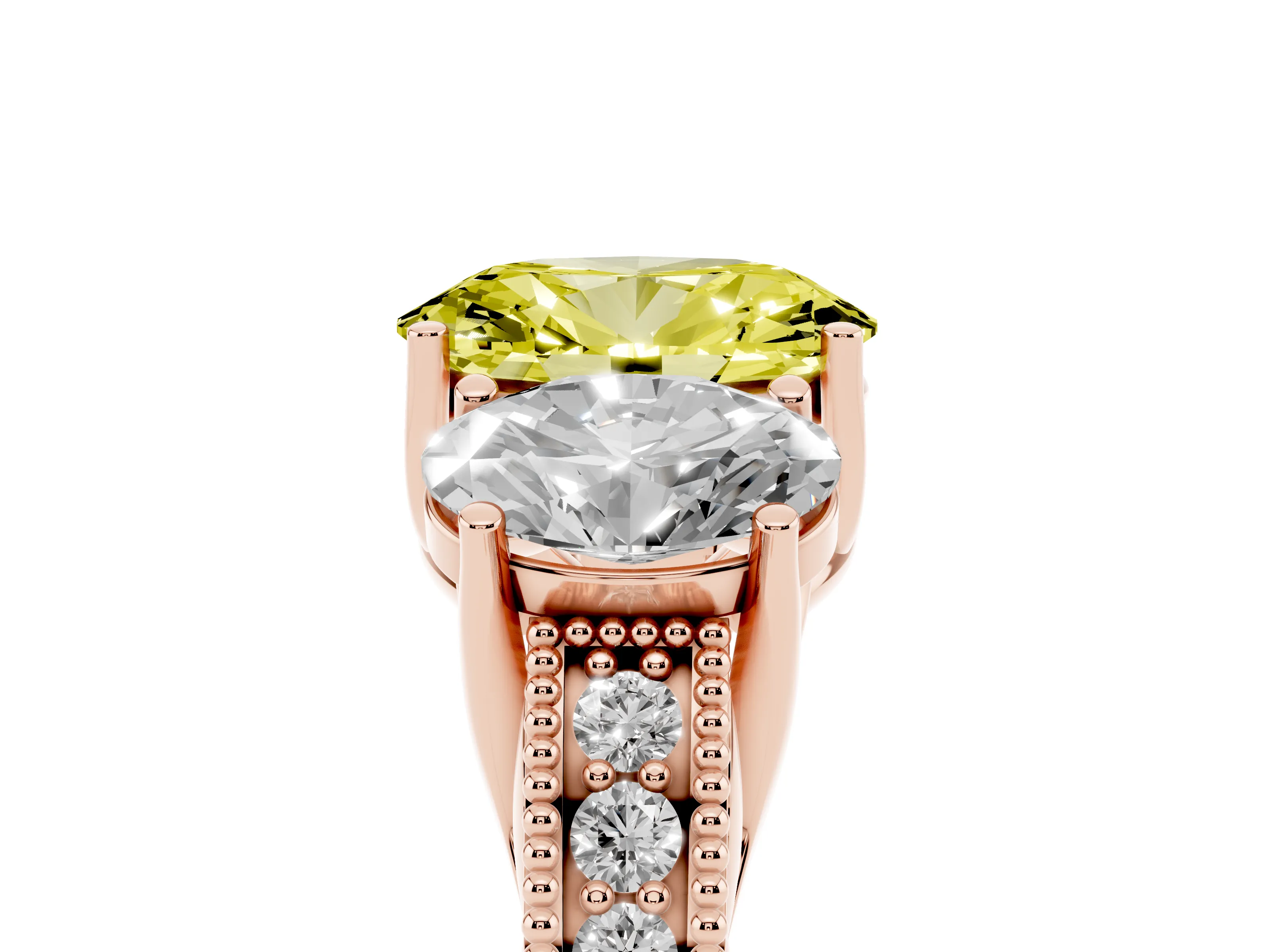 Fancy Yellow Oval Cut Diamond Three-Stone Engagement Ring Set in Rose gold with Milgrain Pavé Band