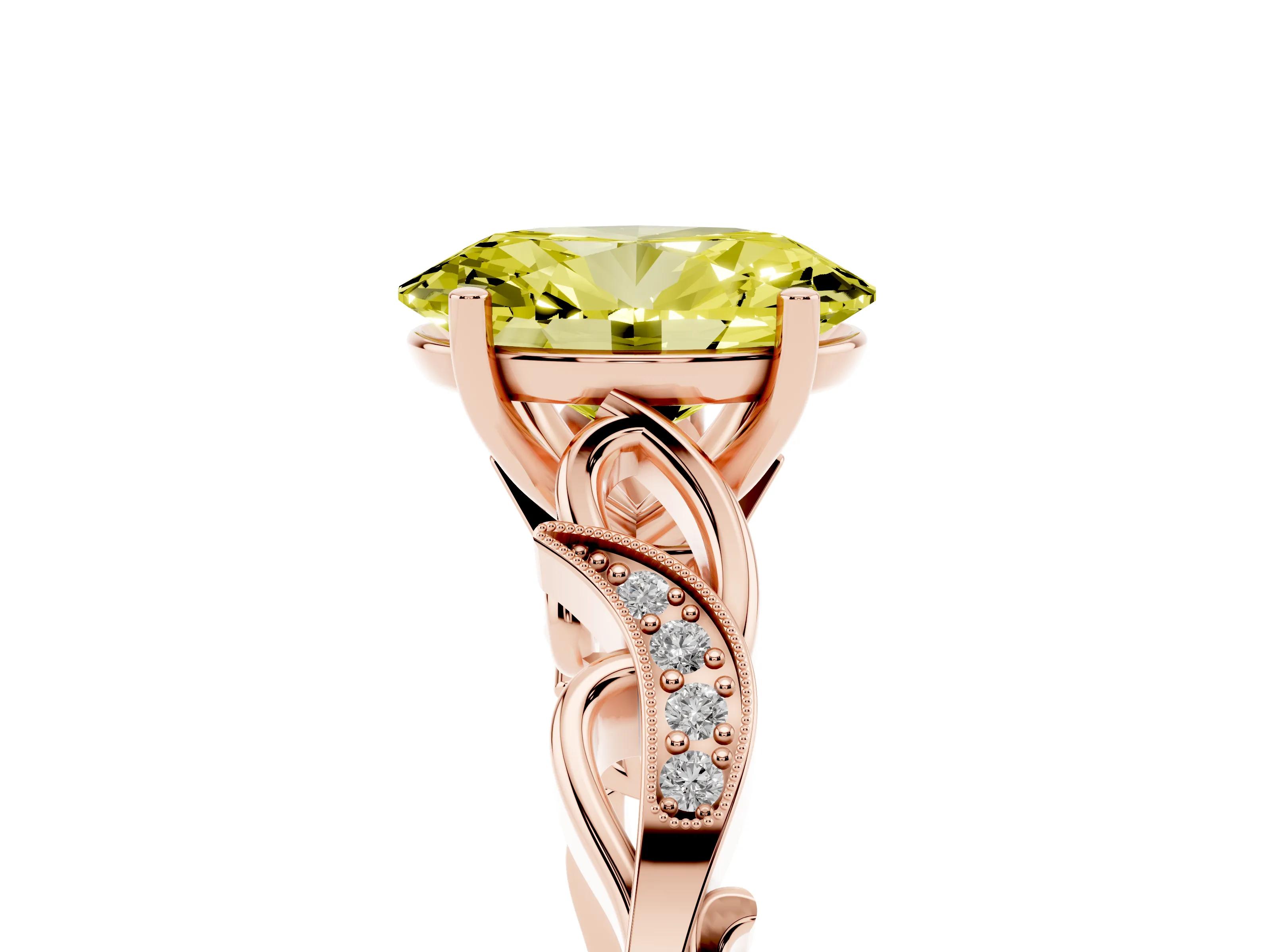 Fancy Yellow Oval Cut Diamond Vine Band Solitaire Ring Set in Rose gold with Milgrain Prong Setting