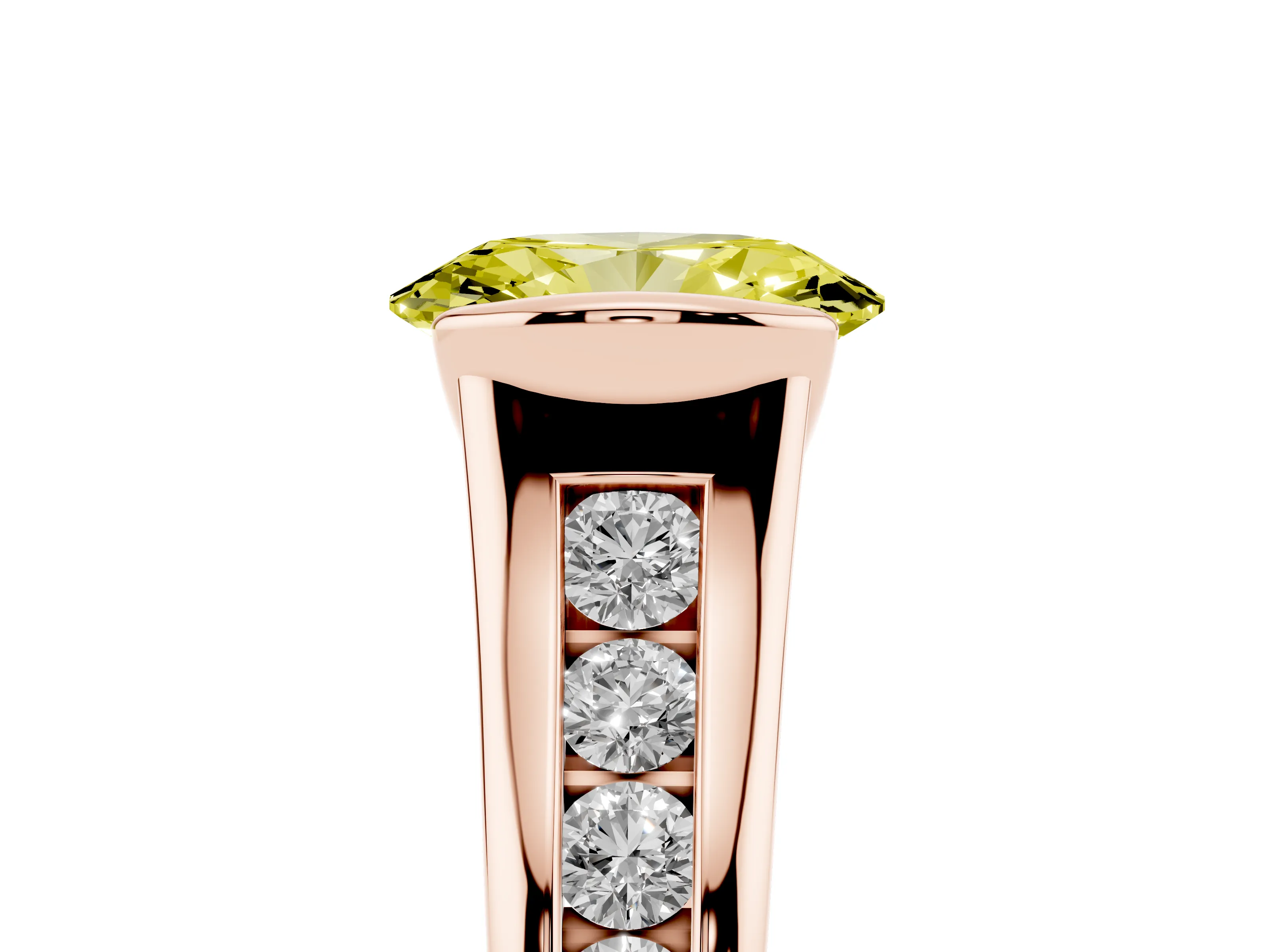 Fancy Yellow Oval Cut Diamond Bezel-Set Solitaire Ring Set in Rose gold with Channel-Set Band