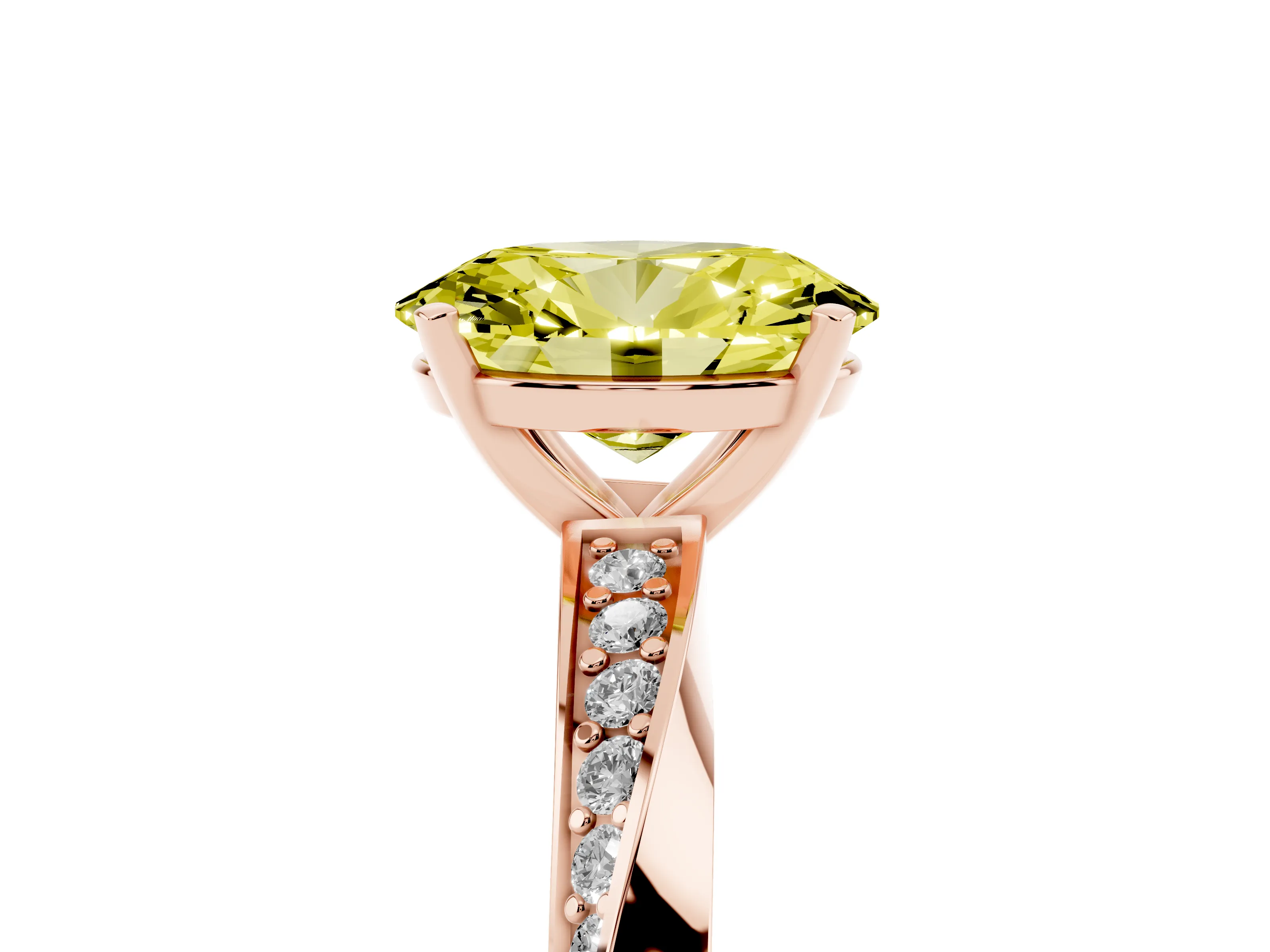 Fancy Yellow Oval Cut Diamond Engagement Ring Set in Rose gold with Side Stone Accents and Prong Setting