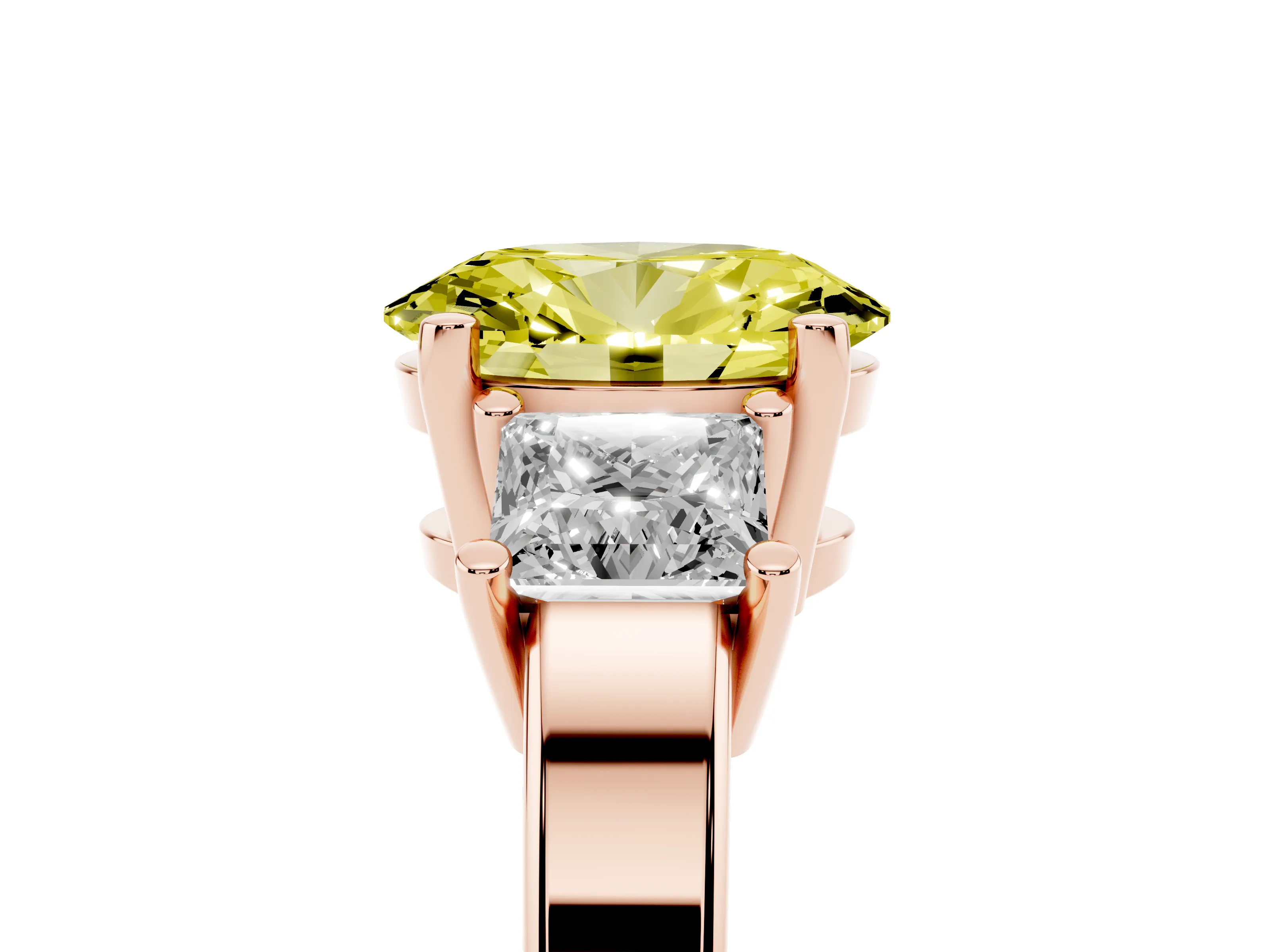 Fancy Yellow Three-Stone Oval Cut Diamond Solitaire Ring Set in Rose gold with Prong Setting