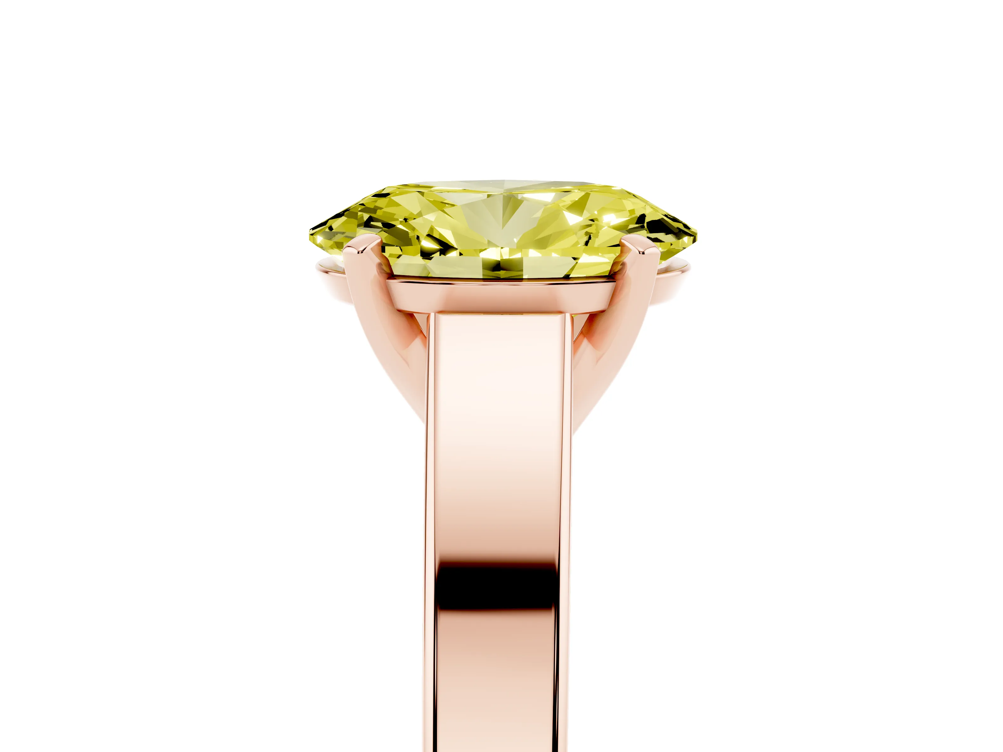 Fancy Yellow Oval Cut Diamond Solitaire Engagement Ring Set in Rose gold with Prong Setting and Tapered Band