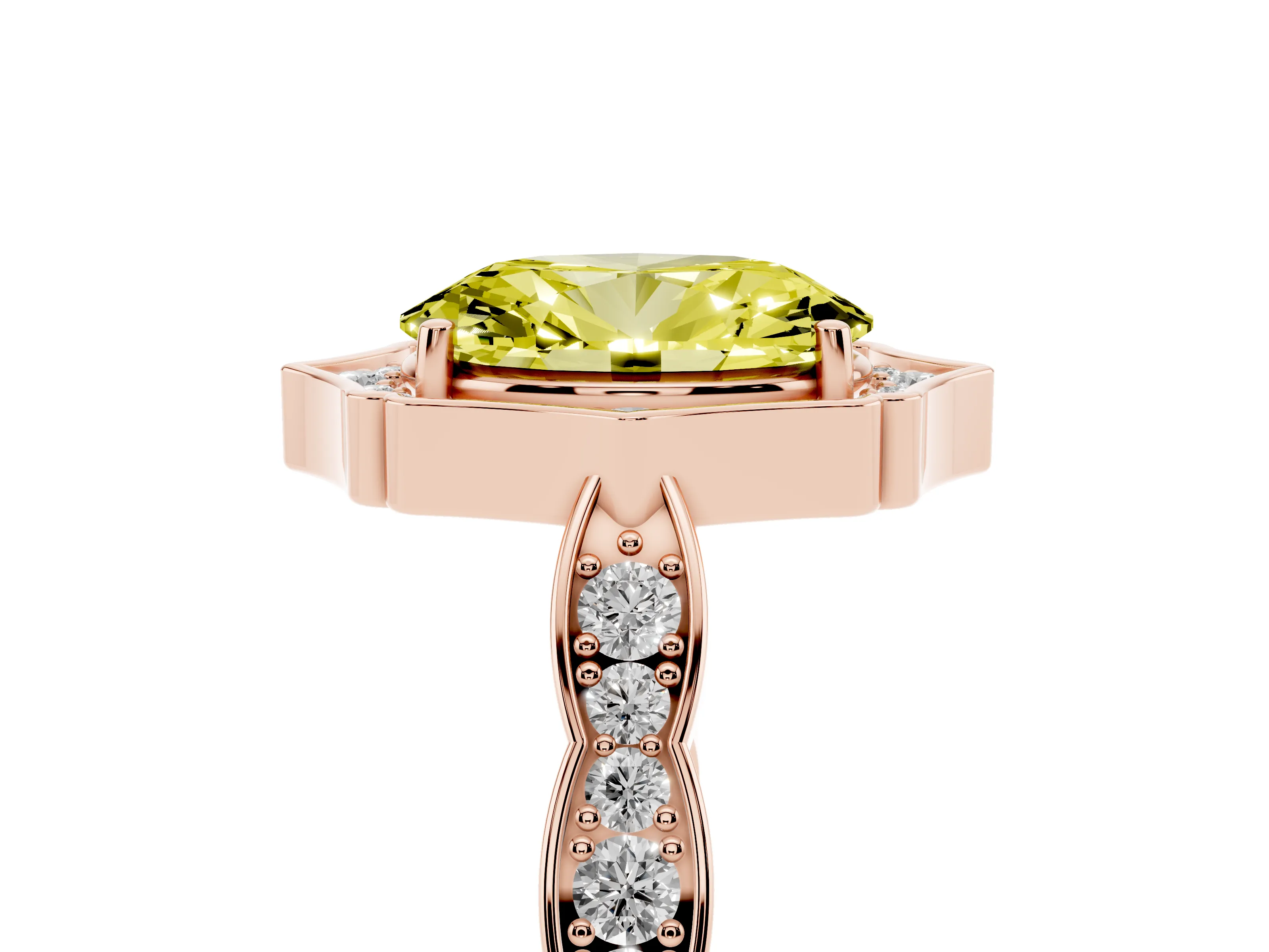 Fancy Yellow Oval Cut Diamond Halo Engagement Ring Set in Rose gold with Milgrain Band and Prong Setting