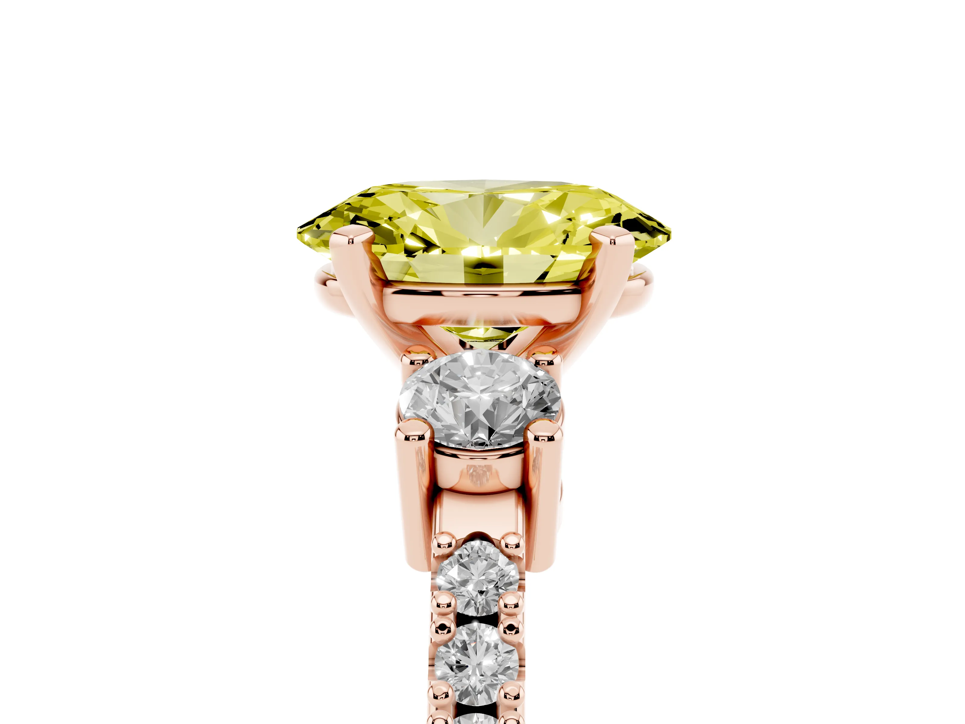 Fancy Yellow Three-Stone Oval Cut Diamond Pavé Band Ring Set in Rose gold with Prong Setting