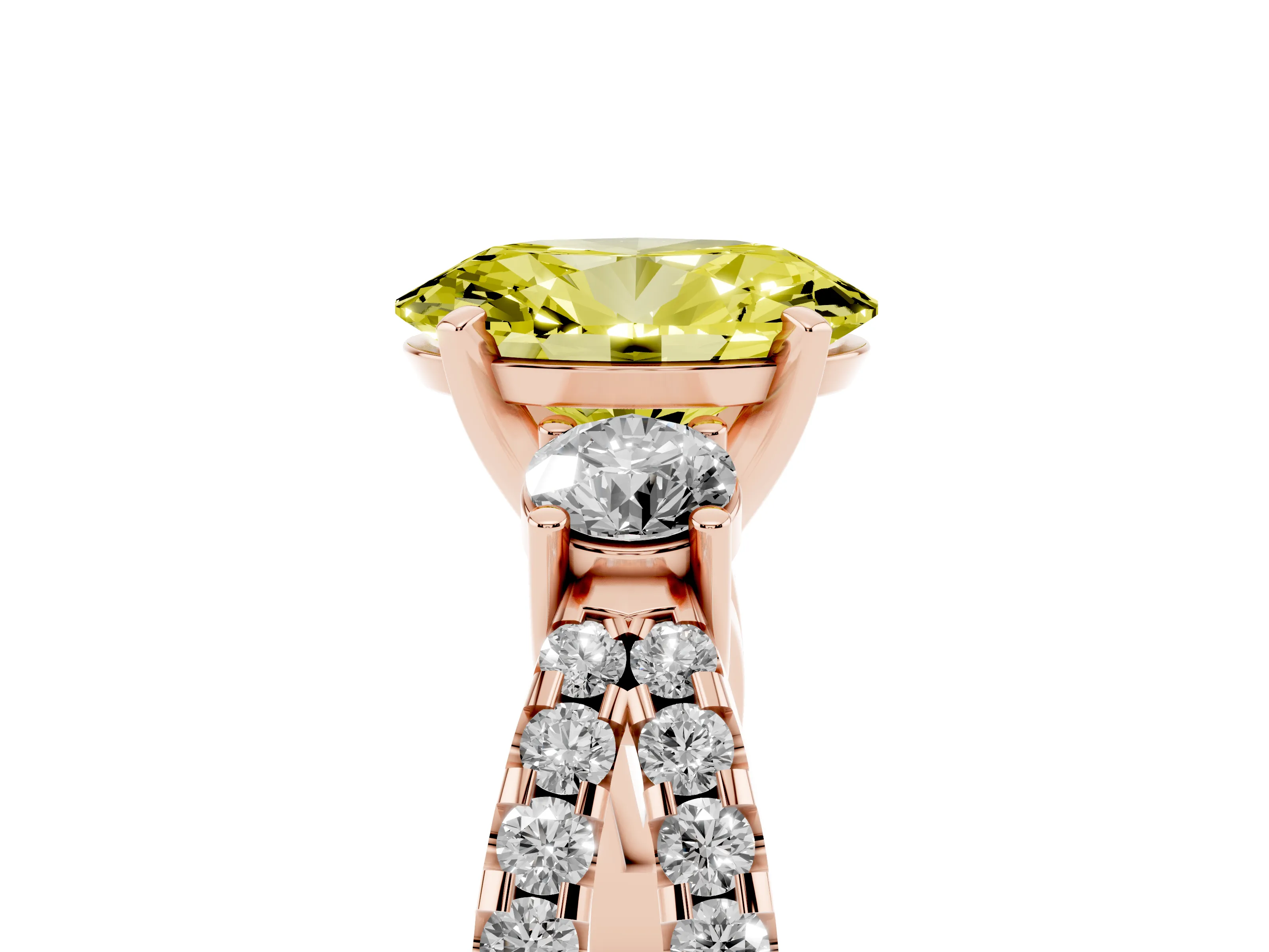 Fancy Yellow Oval Cut Diamond Three-Stone Ring Set in Rose gold with Pavé Split Shank and Prong Setting