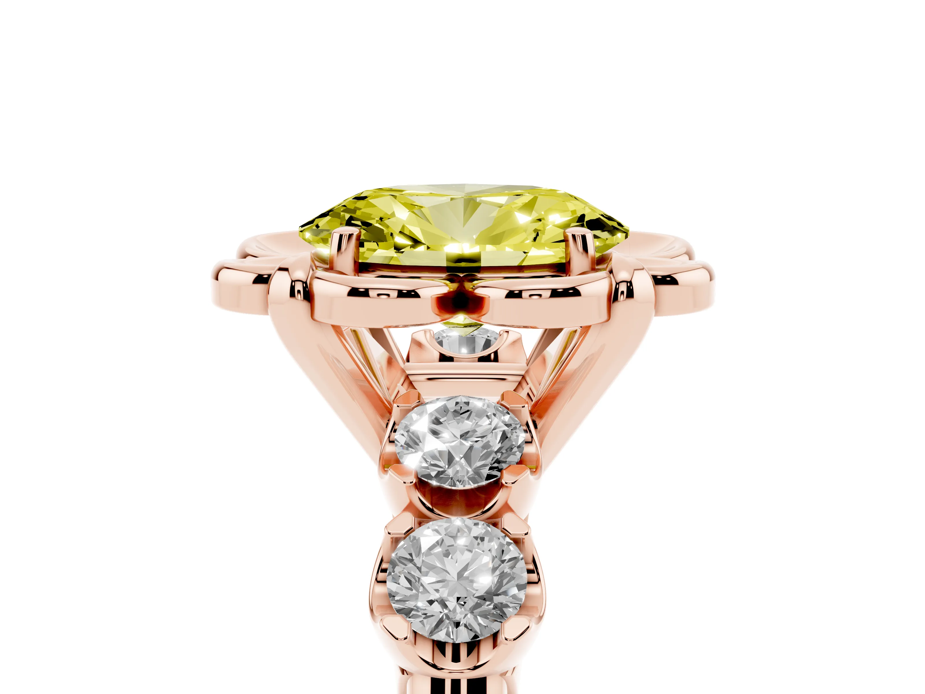 Fancy Yellow Oval Cut Diamond Floral Halo Ring Set in Rose gold with Shared Prong Band