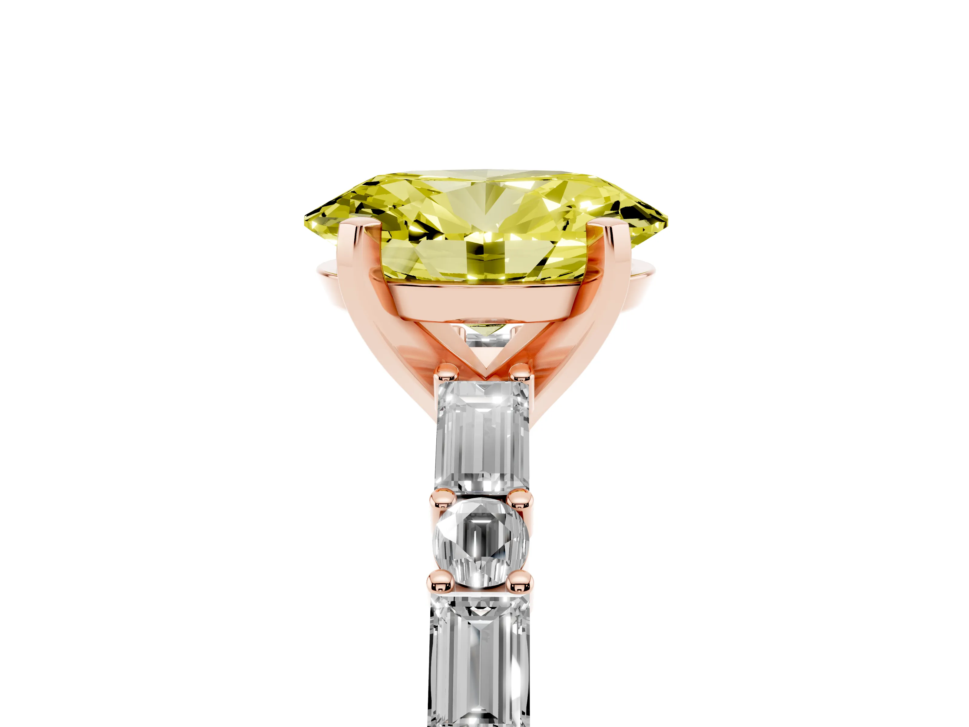 Fancy Yellow Oval Cut Diamond Solitaire Set in Rose gold with Side Baguettes and Channel Set Band