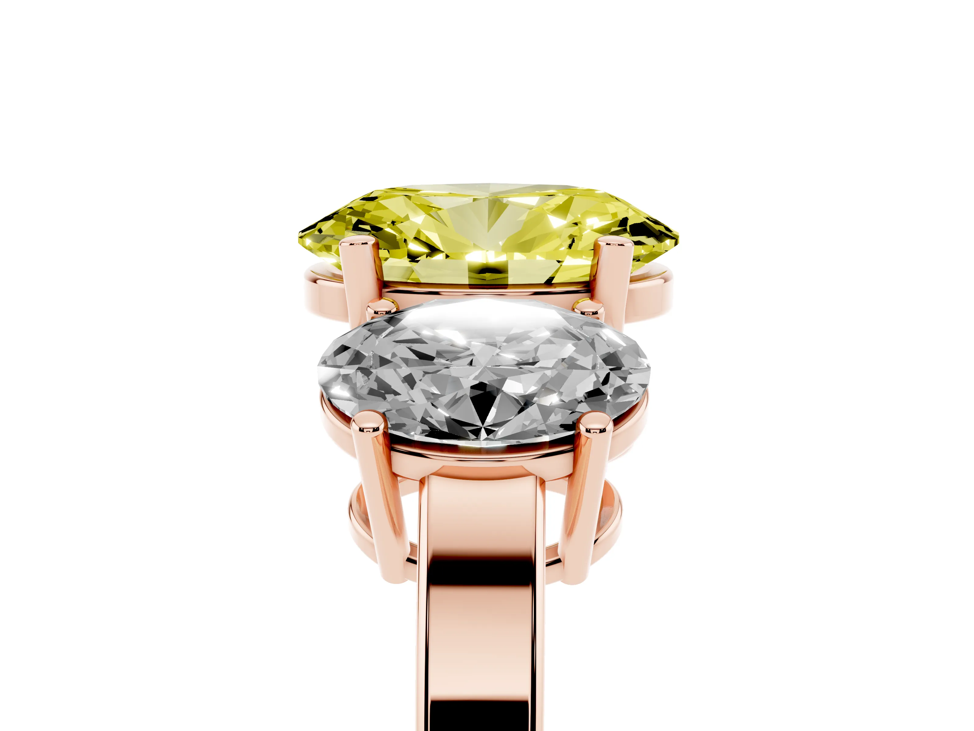 Fancy Yellow Oval Cut Diamond Three-Stone Engagement Ring Set in Rose gold with Flat Band