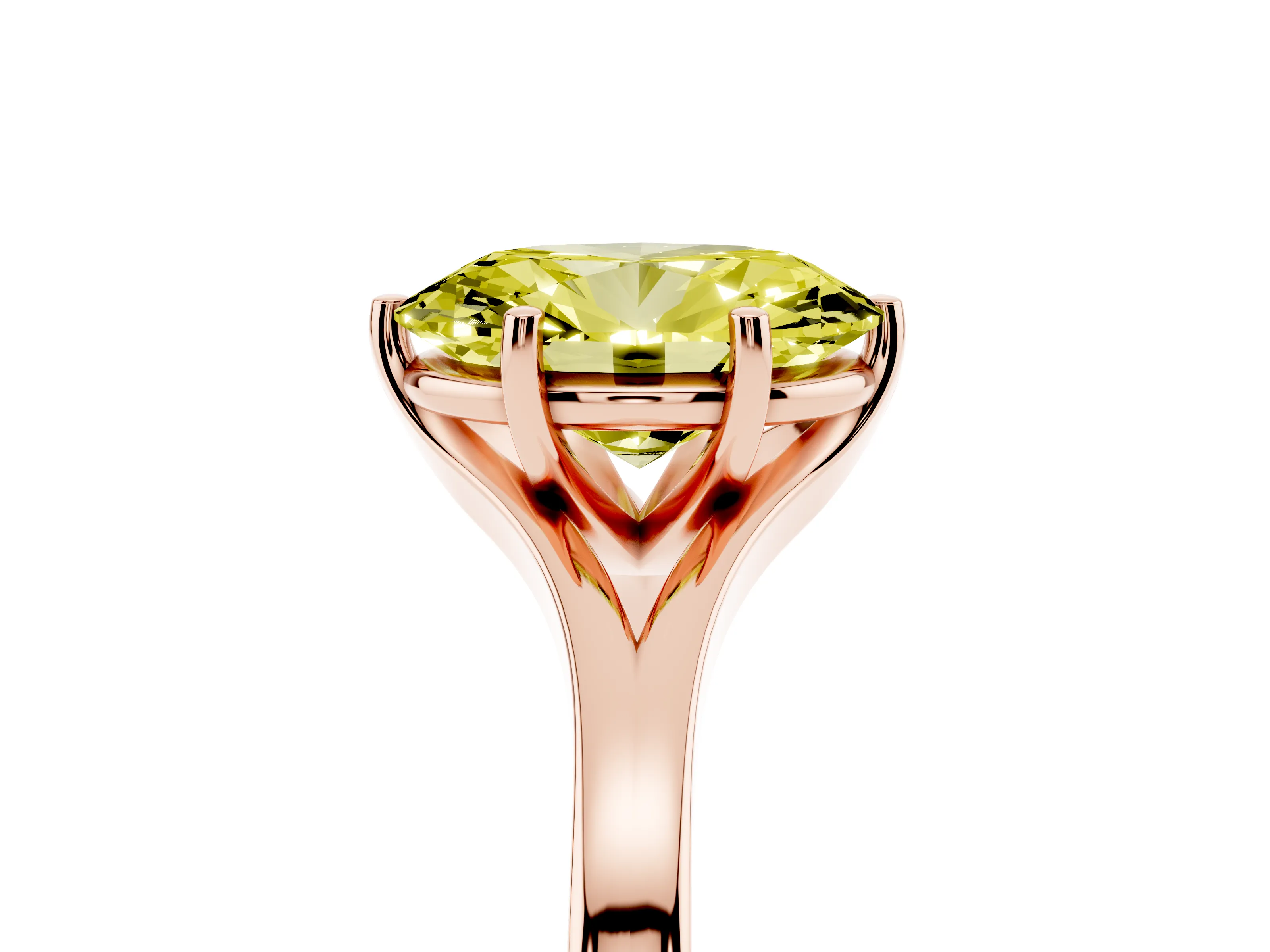 Fancy Yellow Oval Cut Diamond Solitaire Ring Set in Rose gold with Polished Tapered Band and Prong Setting