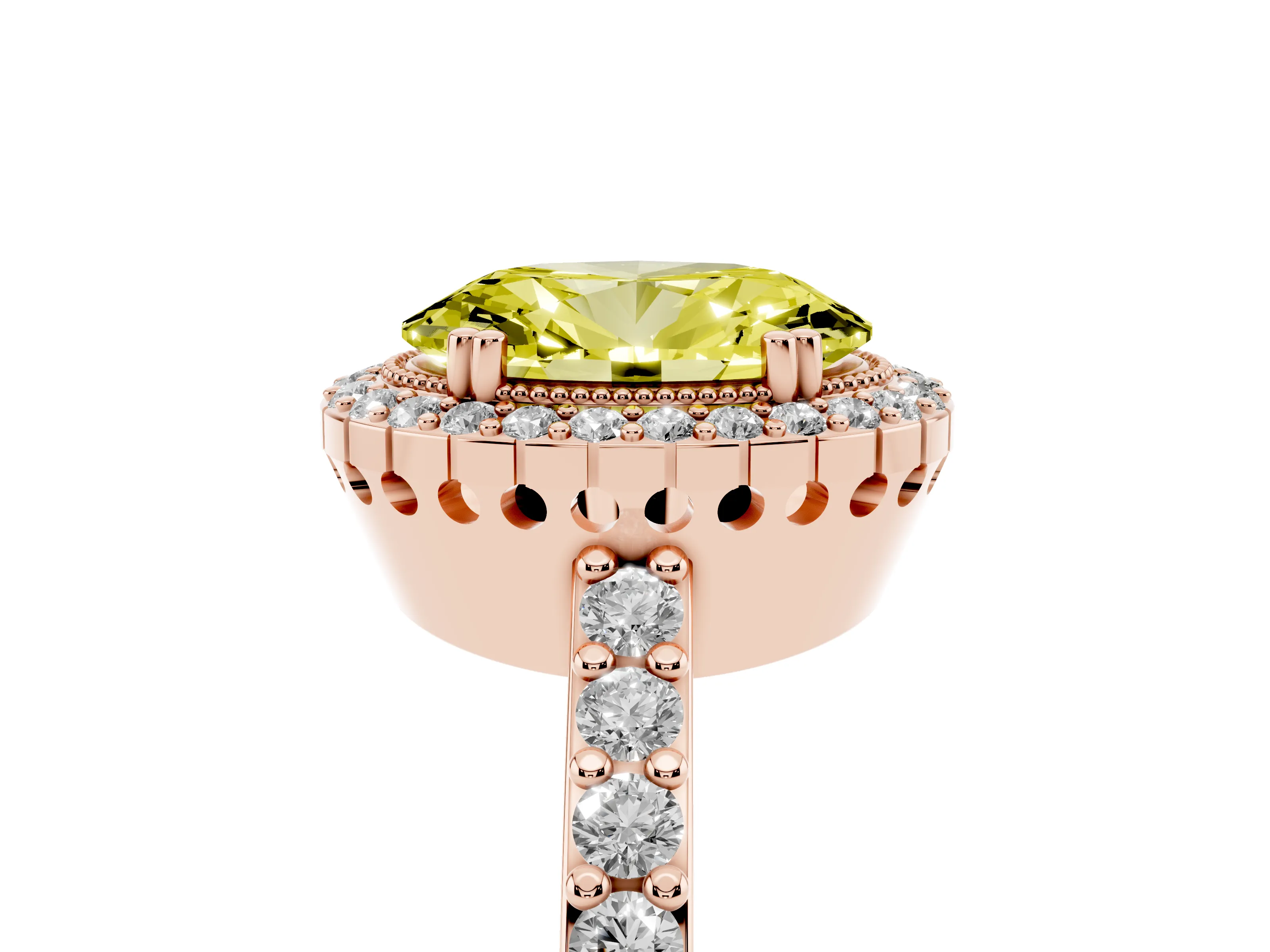 Fancy Yellow Oval Cut Diamond Halo Engagement Ring Set in Rose gold with Milgrain Detail and Pavé Band