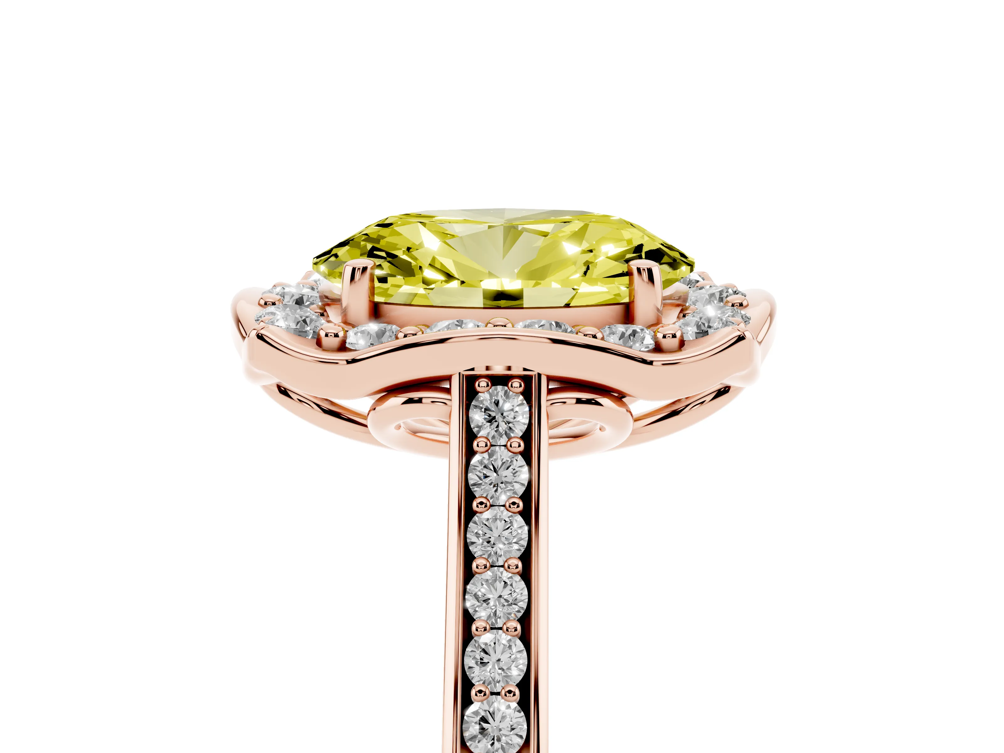 Fancy Yellow Oval Cut Diamond Halo Ring Set in Rose gold with Pavé-Lined Shoulders and Prong Setting
