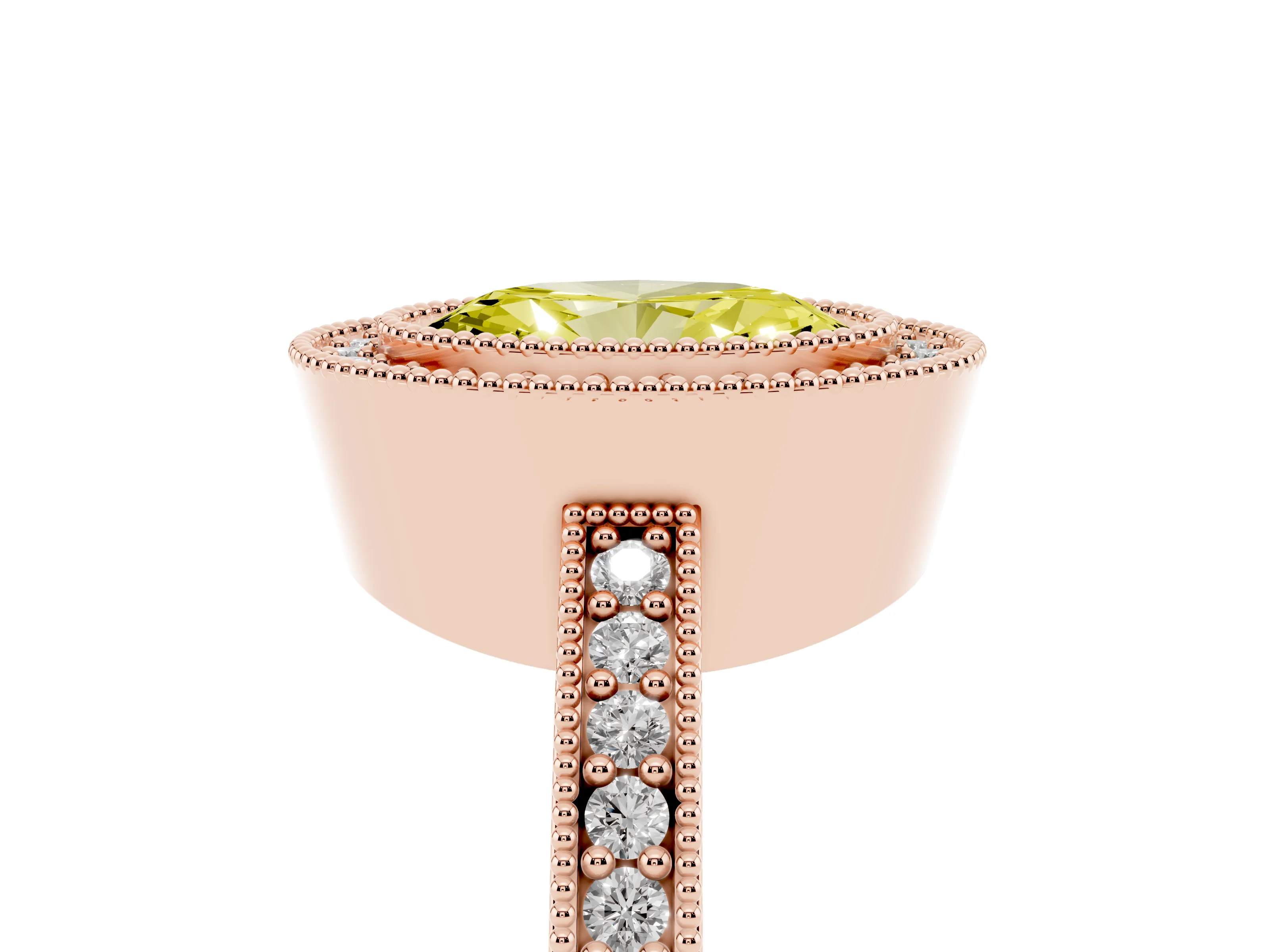 Fancy Yellow Oval Cut Diamond Halo Engagement Ring Set in Rose gold with Pavé Band and Round Halo Stones