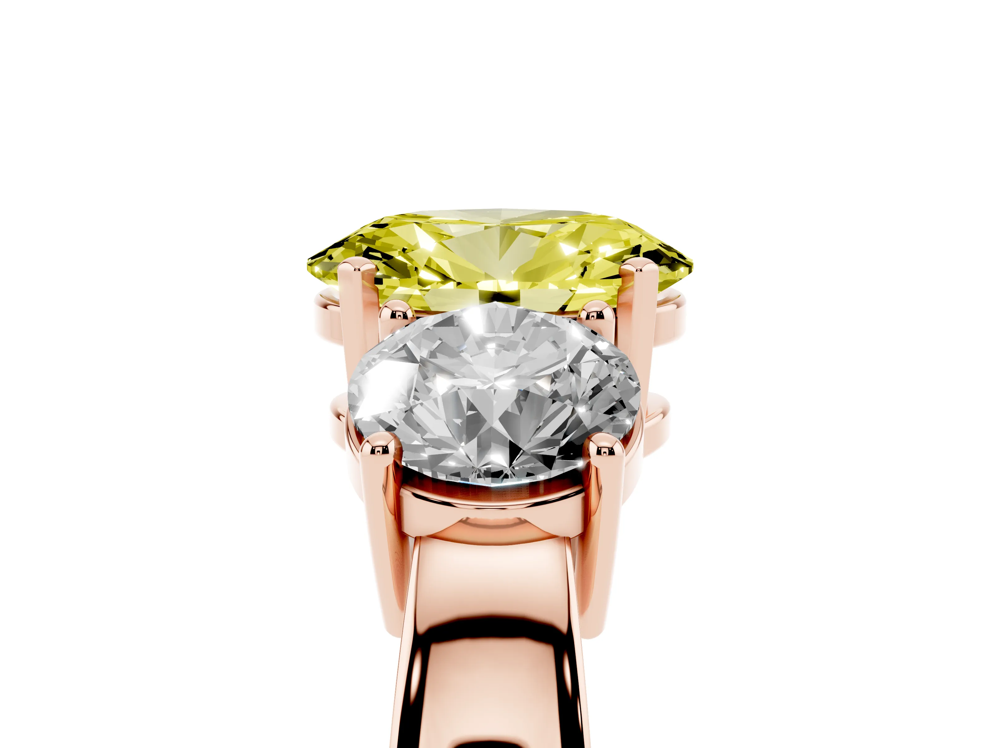 Fancy Yellow Oval Cut Diamond Three-Stone Ring Set in Rose gold with Round Side Stones and Classic Band