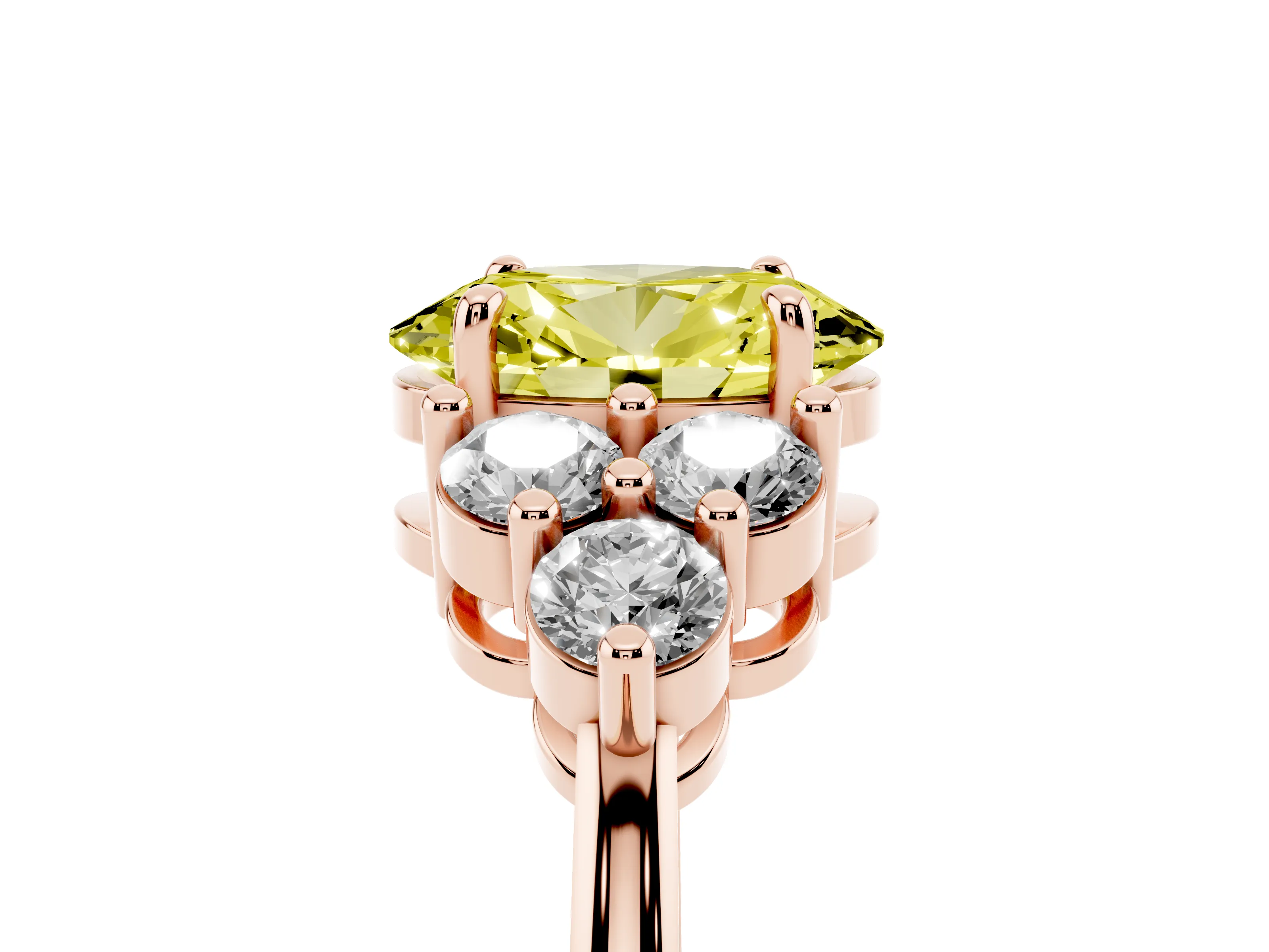 Fancy Yellow Oval Cut Diamond Solitaire Ring Set in Rose gold with Cluster Accents on Each Side