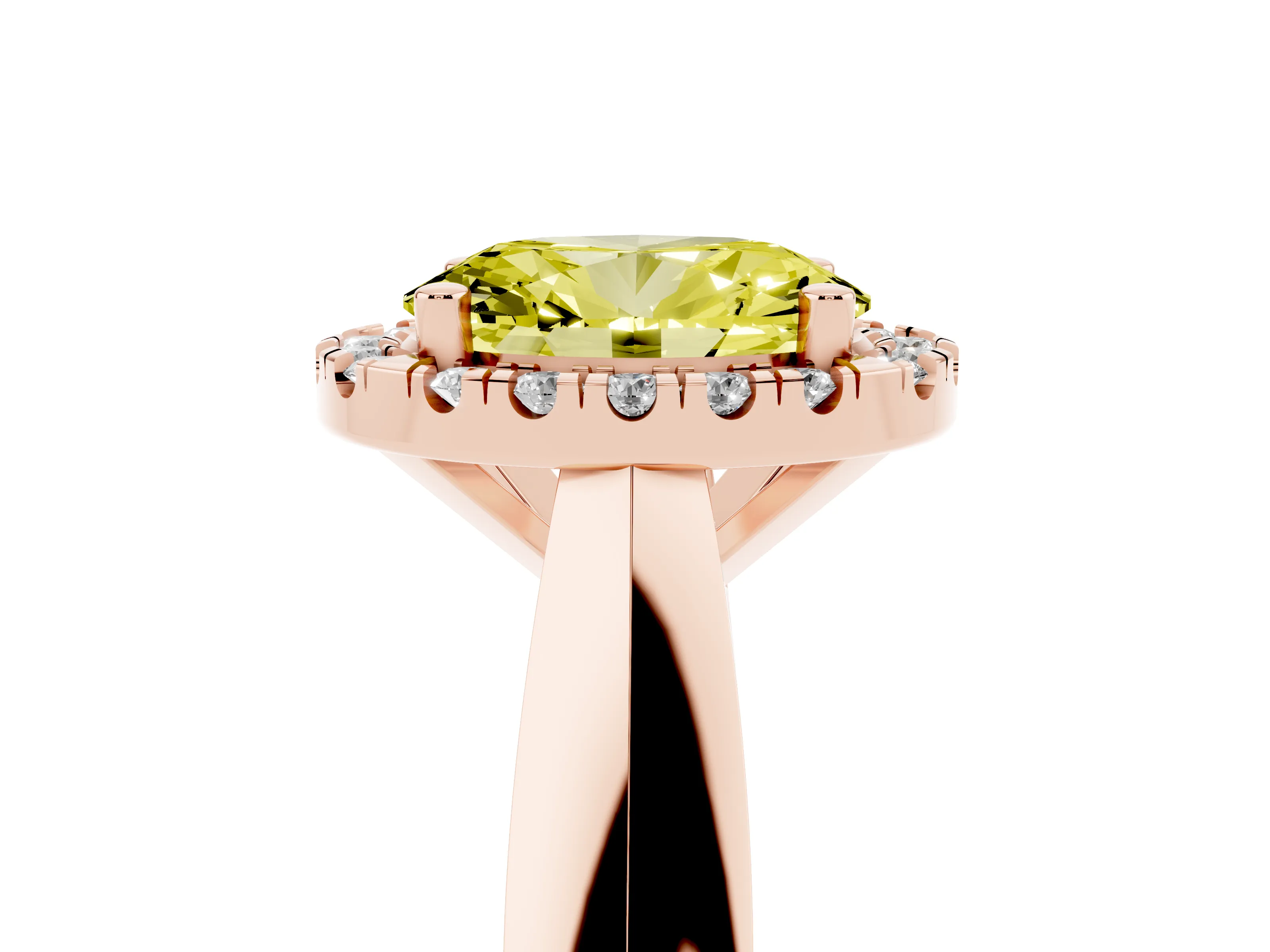 Fancy Yellow Oval Cut Diamond Halo Solitaire Engagement Ring Set in Rose gold with Square Band and Prong Setting