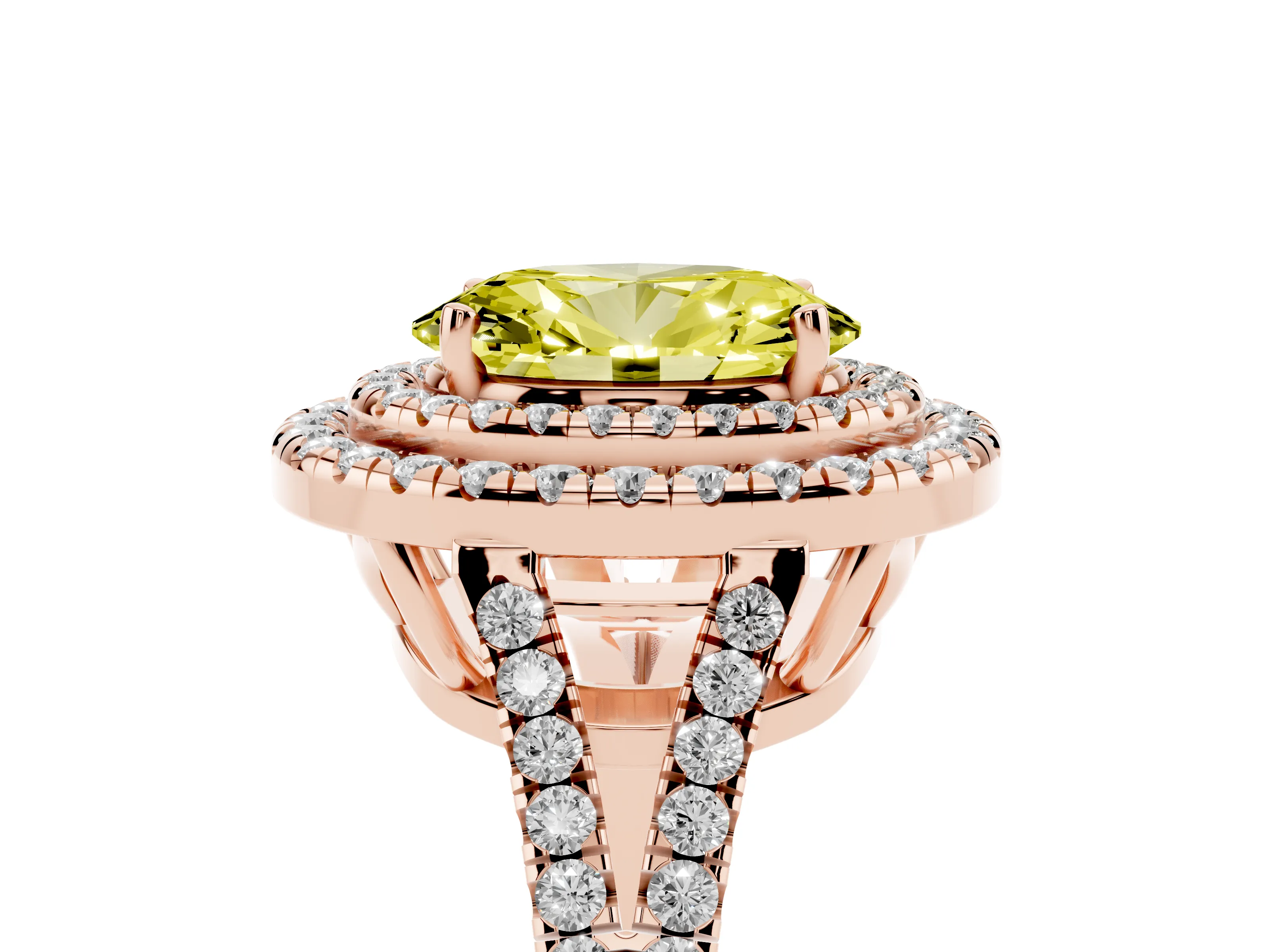 Fancy Yellow Oval Cut Diamond Double Halo Ring Set in Rose gold with Pavé Band