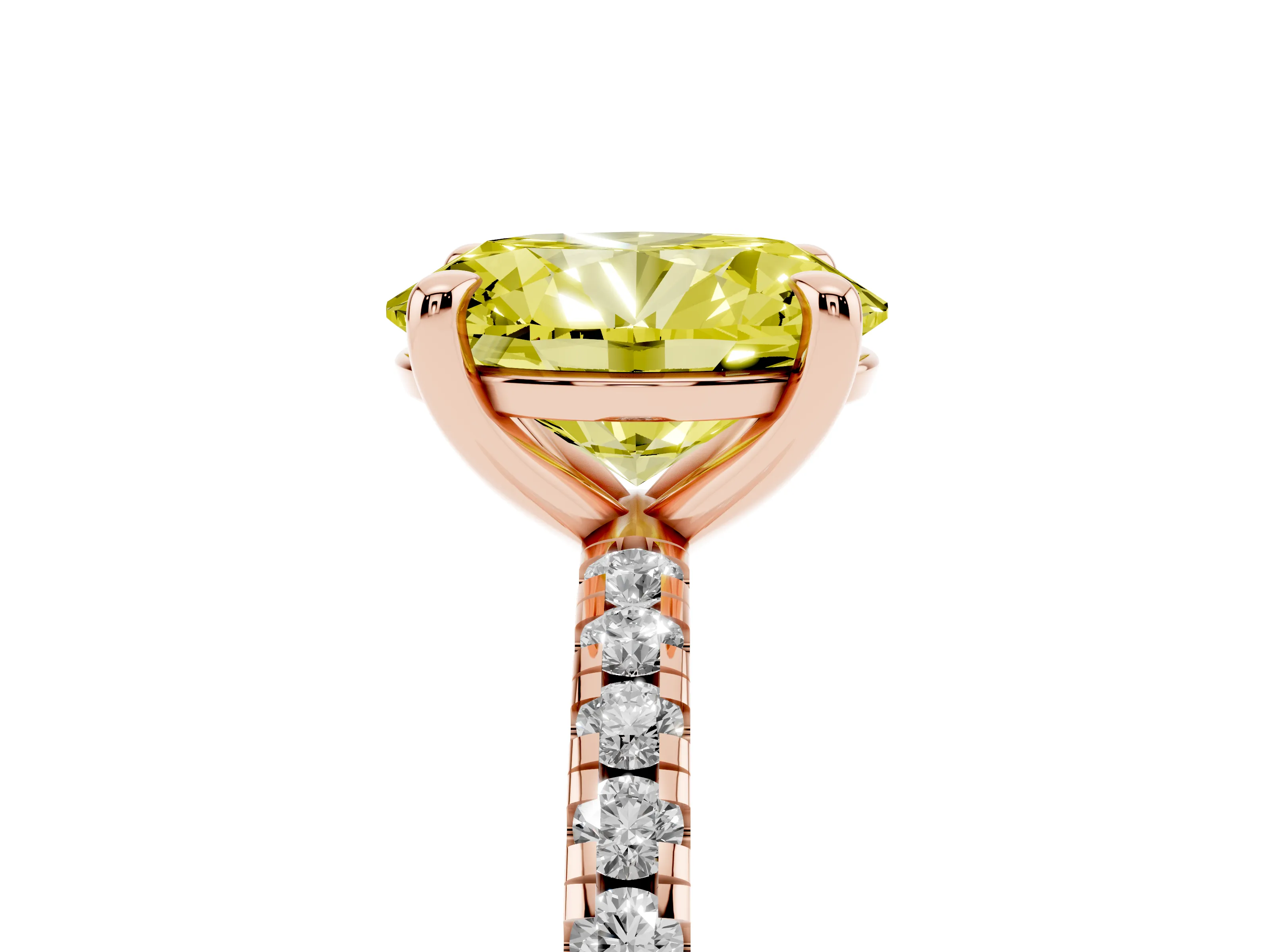 Fancy Yellow Oval Cut Diamond Brilliant Solitaire Ring Set in Rose gold with Pavé Band and Prong Setting