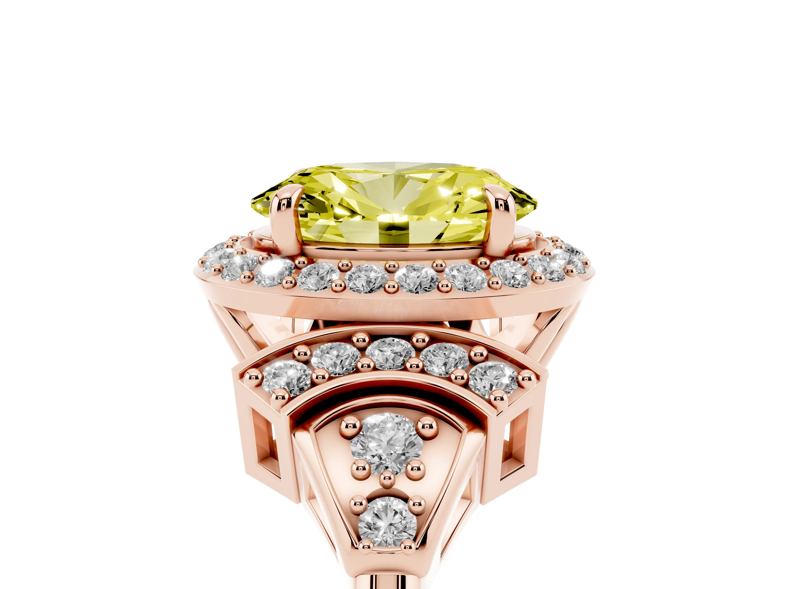 Fancy Yellow Oval Cut Diamond Halo Engagement Ring Set in Rose gold with Accent Stone Split Shank