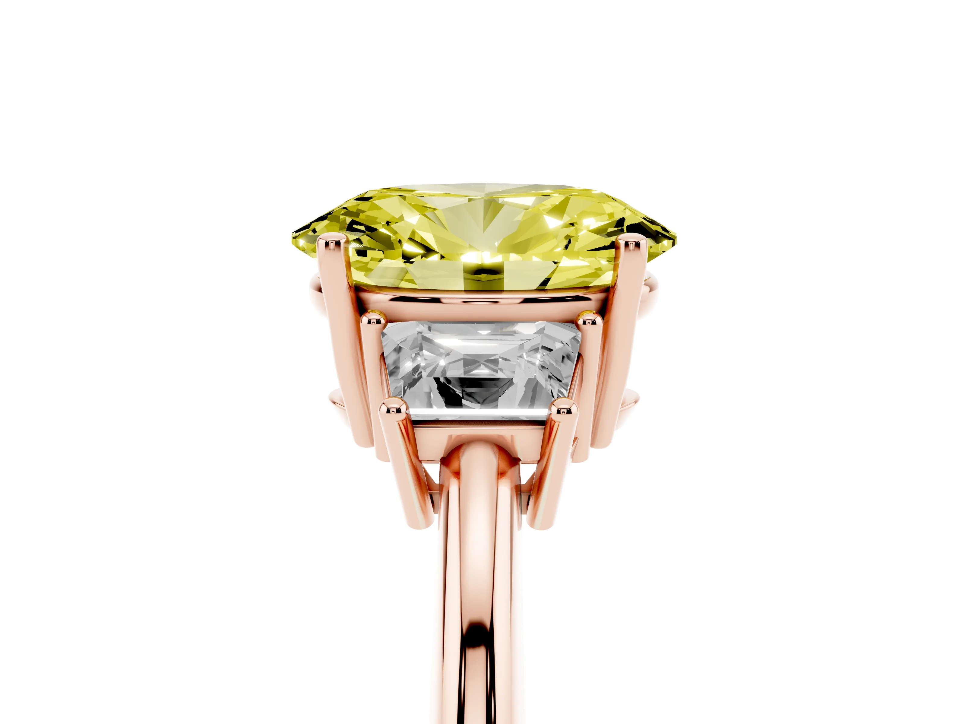 Fancy Yellow Oval Cut Diamond Three-Stone Ring Set in Rose gold with Trapezoid Side Stones and Prong Setting