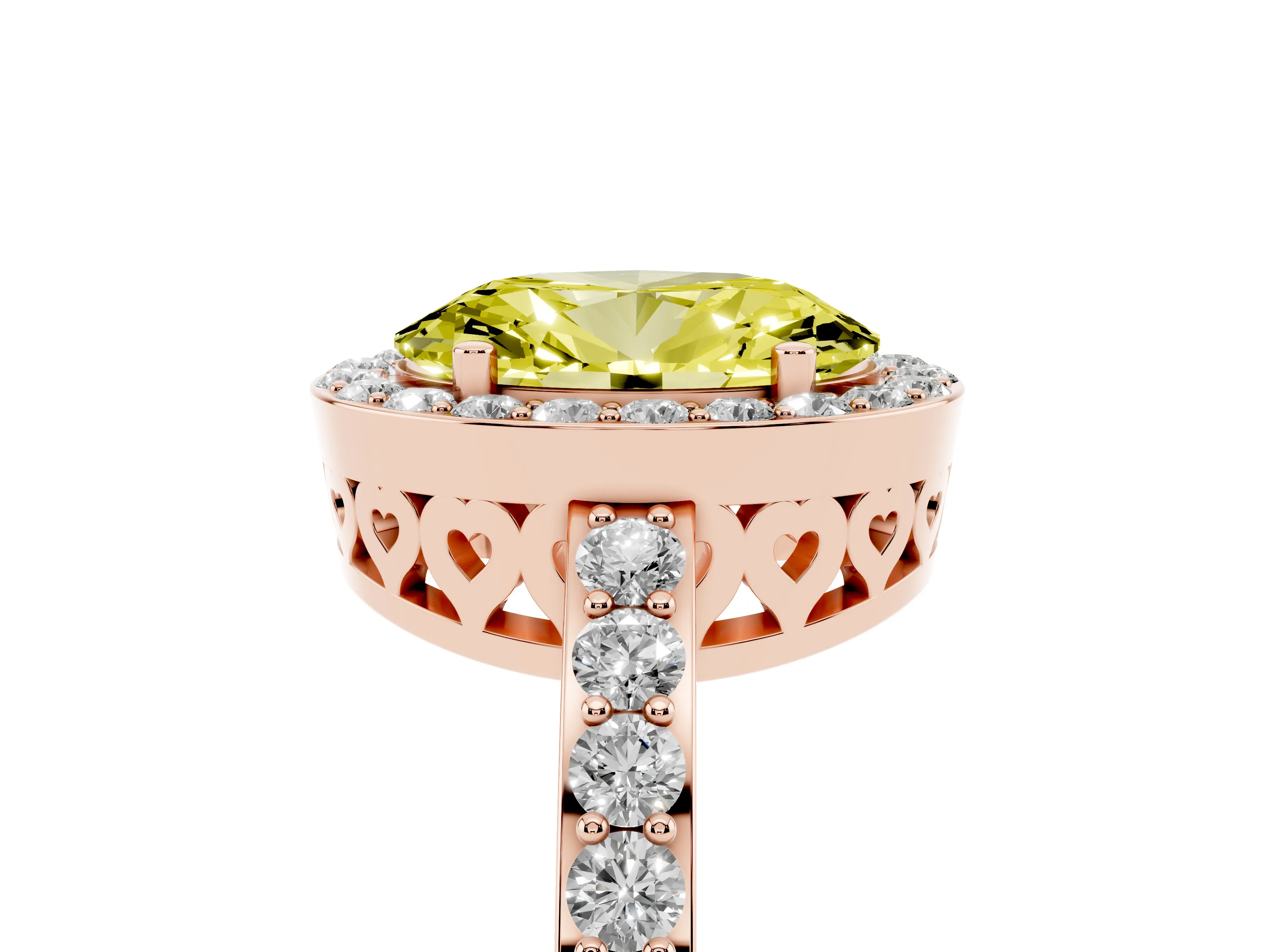 Fancy Yellow Oval Cut Diamond Halo Ring Set in Rose gold with Pavé-Setting Band and Open Prong Center