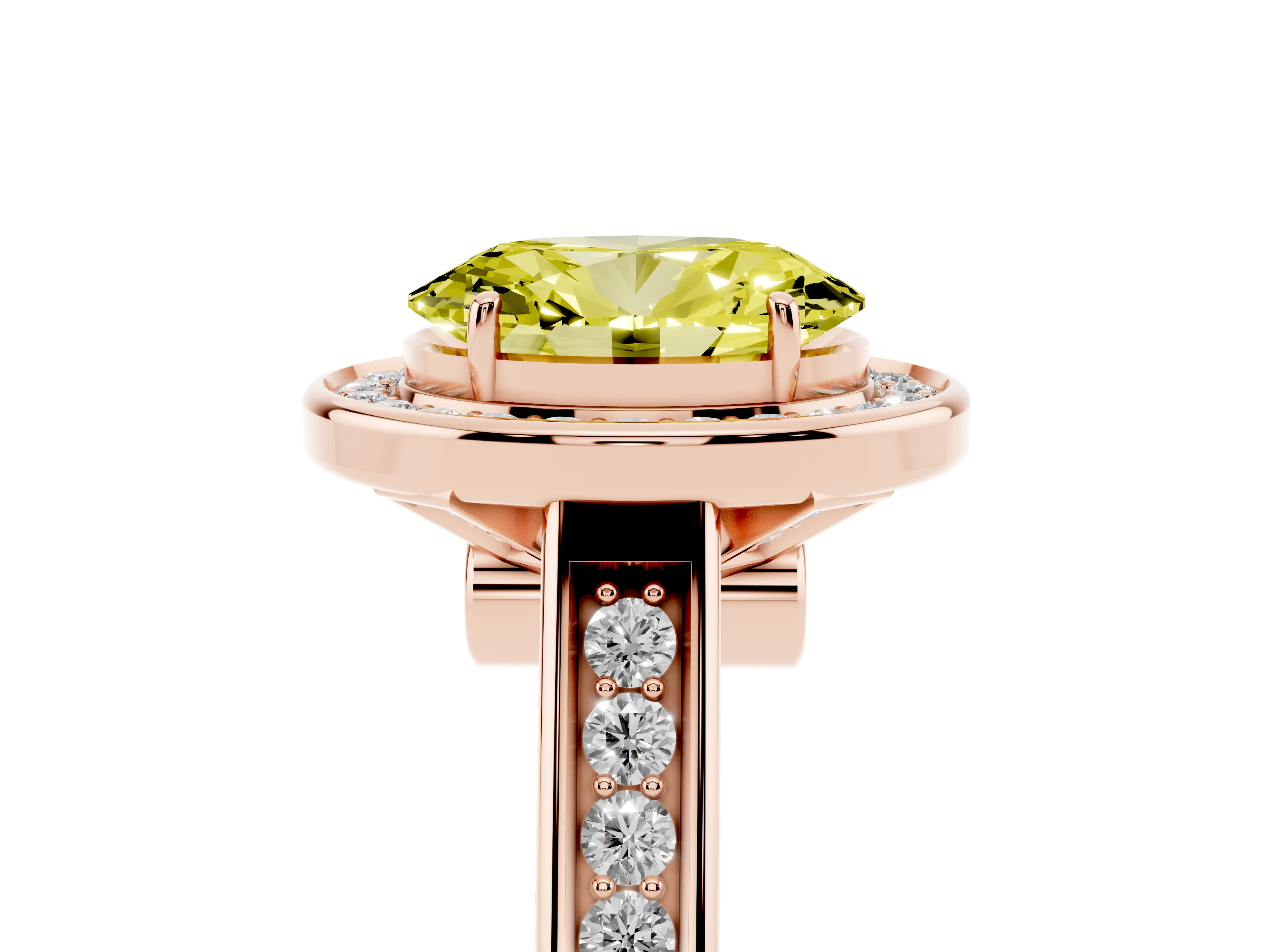 Fancy Yellow Oval Cut Diamond Halo Solitaire Ring Set in Rose gold with Pavé Band and Bezel Setting
