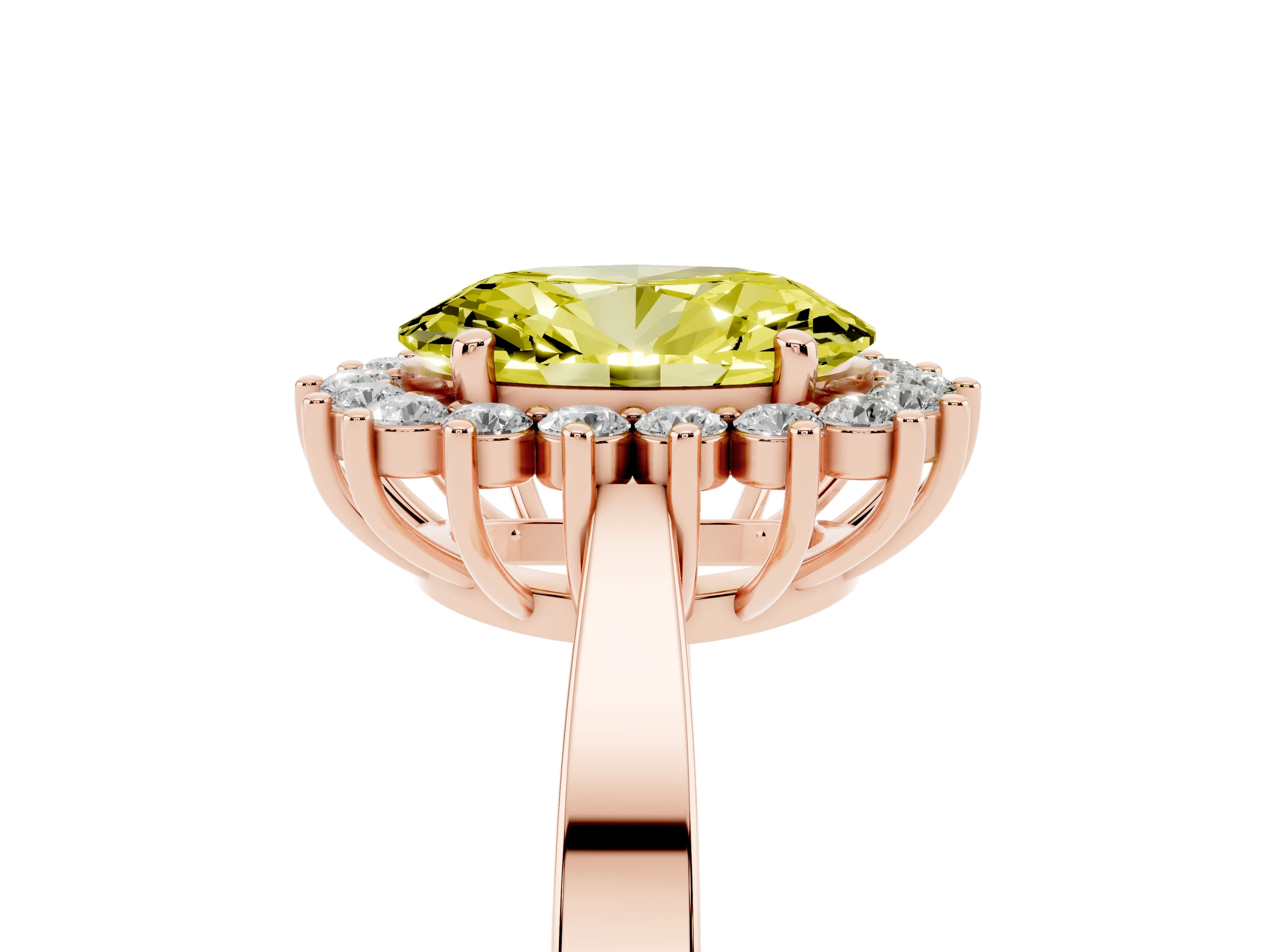 Fancy Yellow Oval Cut Diamond Halo Ring Set in Rose gold with Round Halo and Smooth Solitaire Band