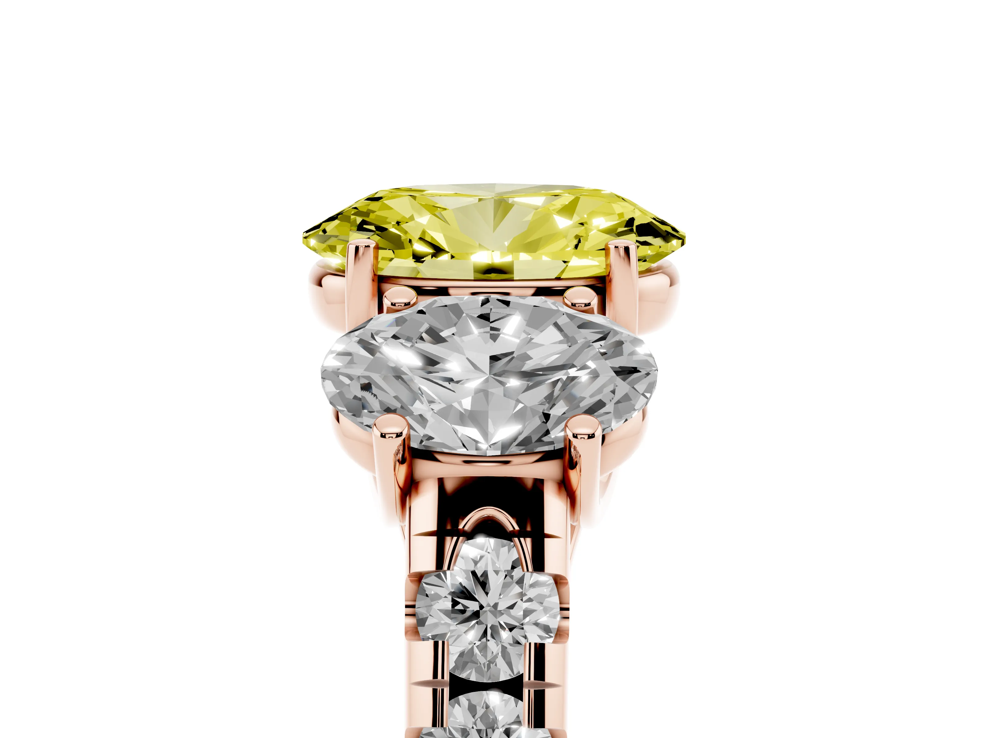 Fancy Yellow Oval Cut Diamond Three-Stone Ring Set in Rose gold with Pavé Band