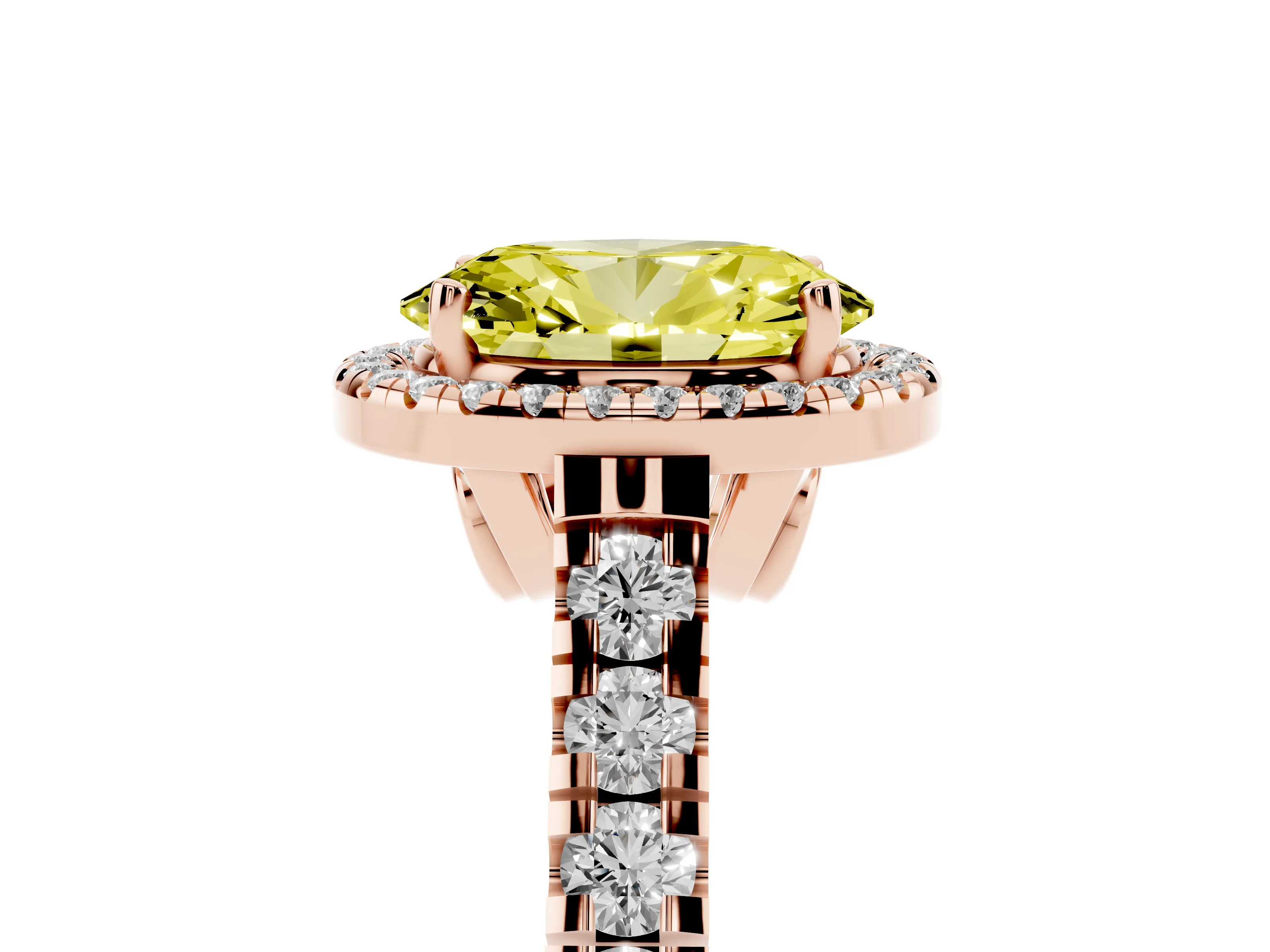 Fancy Yellow Oval Cut Diamond Halo Engagement Ring Set in Rose gold with Pavé Band and Prong-Set Center