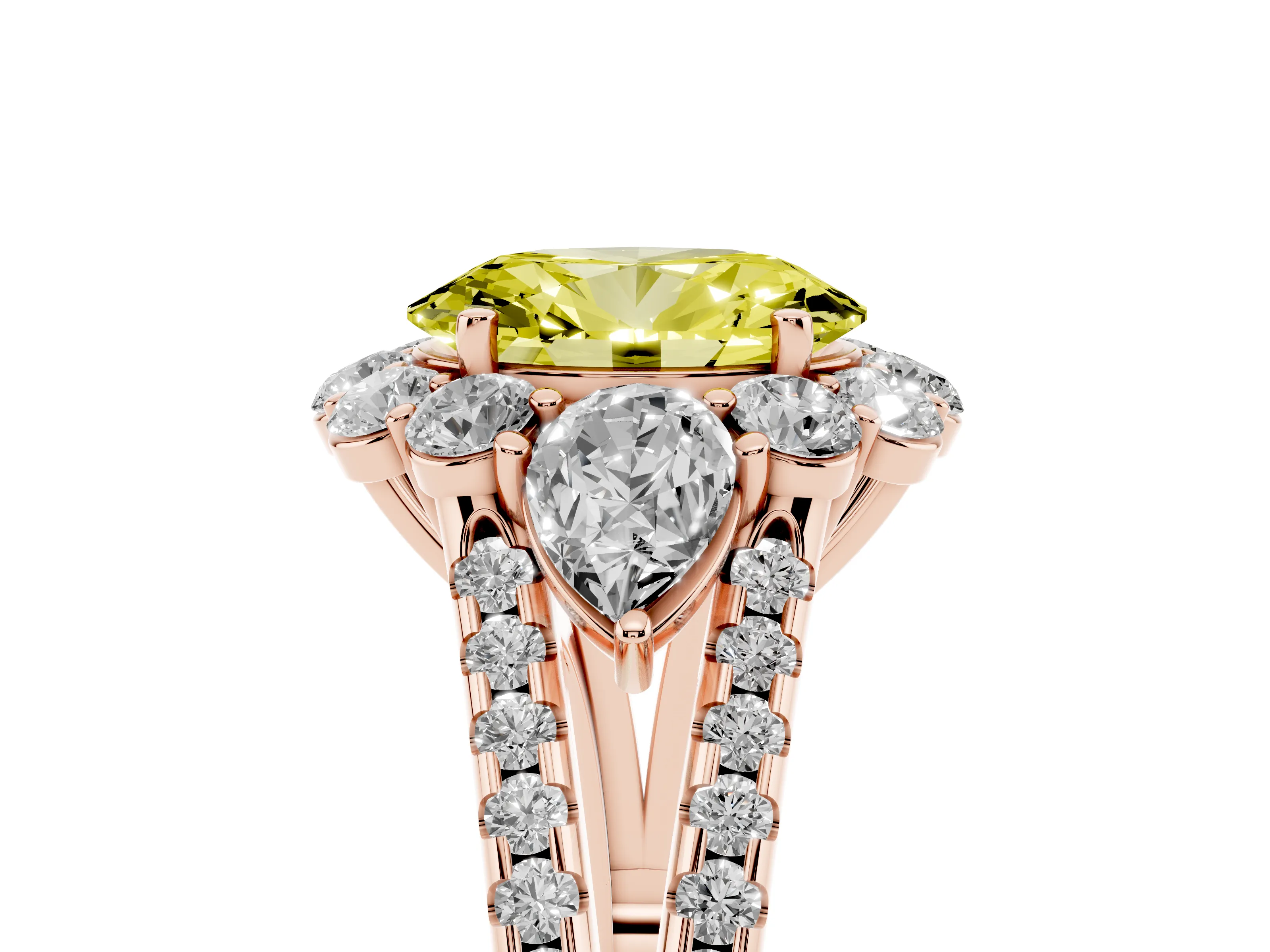 Fancy Yellow Oval Cut Diamond Halo Split Shank Engagement Ring Set in Rose gold with Prong-Held Center Stone