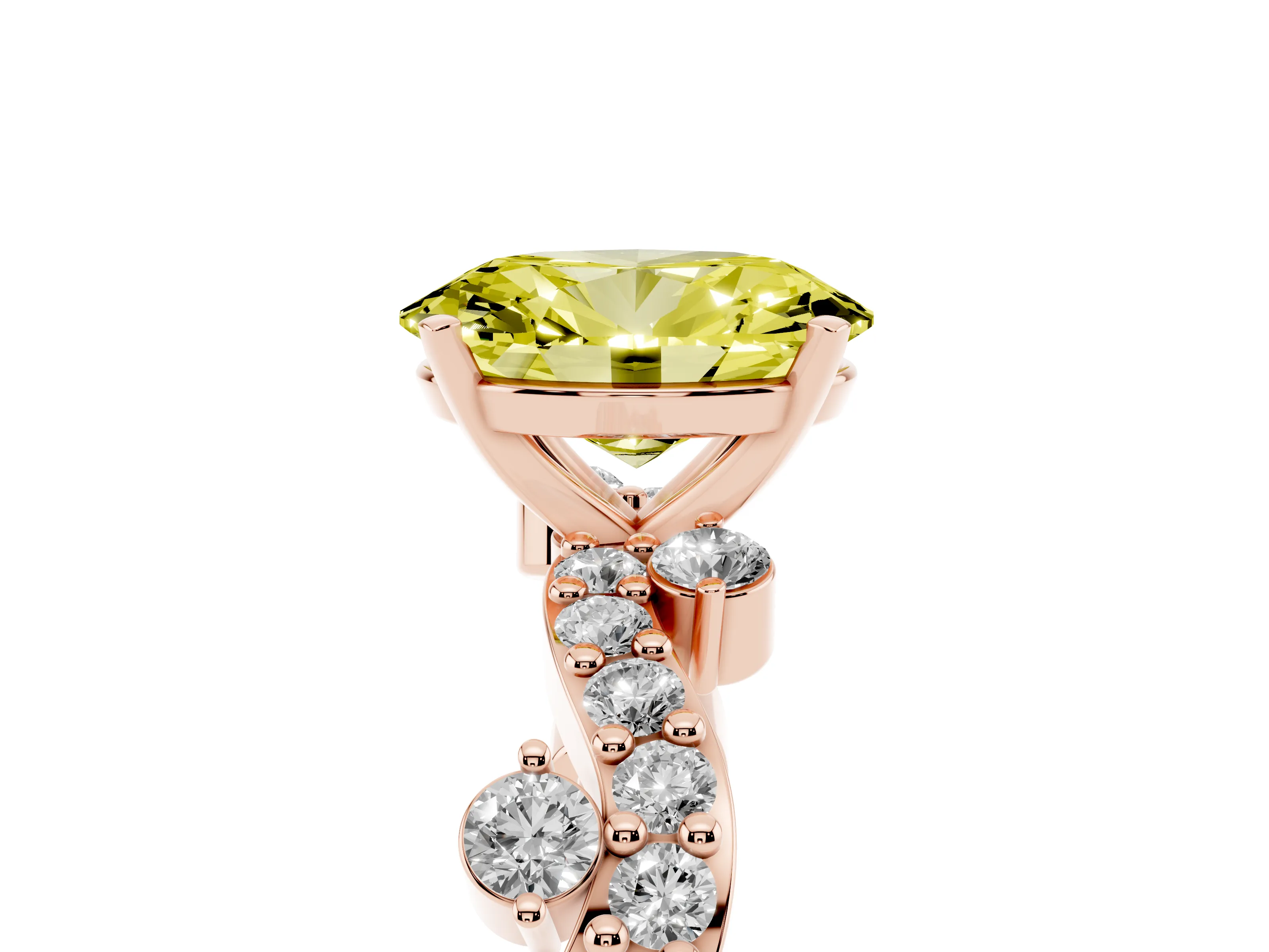 Fancy Yellow Oval Cut Diamond Solitaire Twisted Band Set in Rose gold with Pavé Setting
