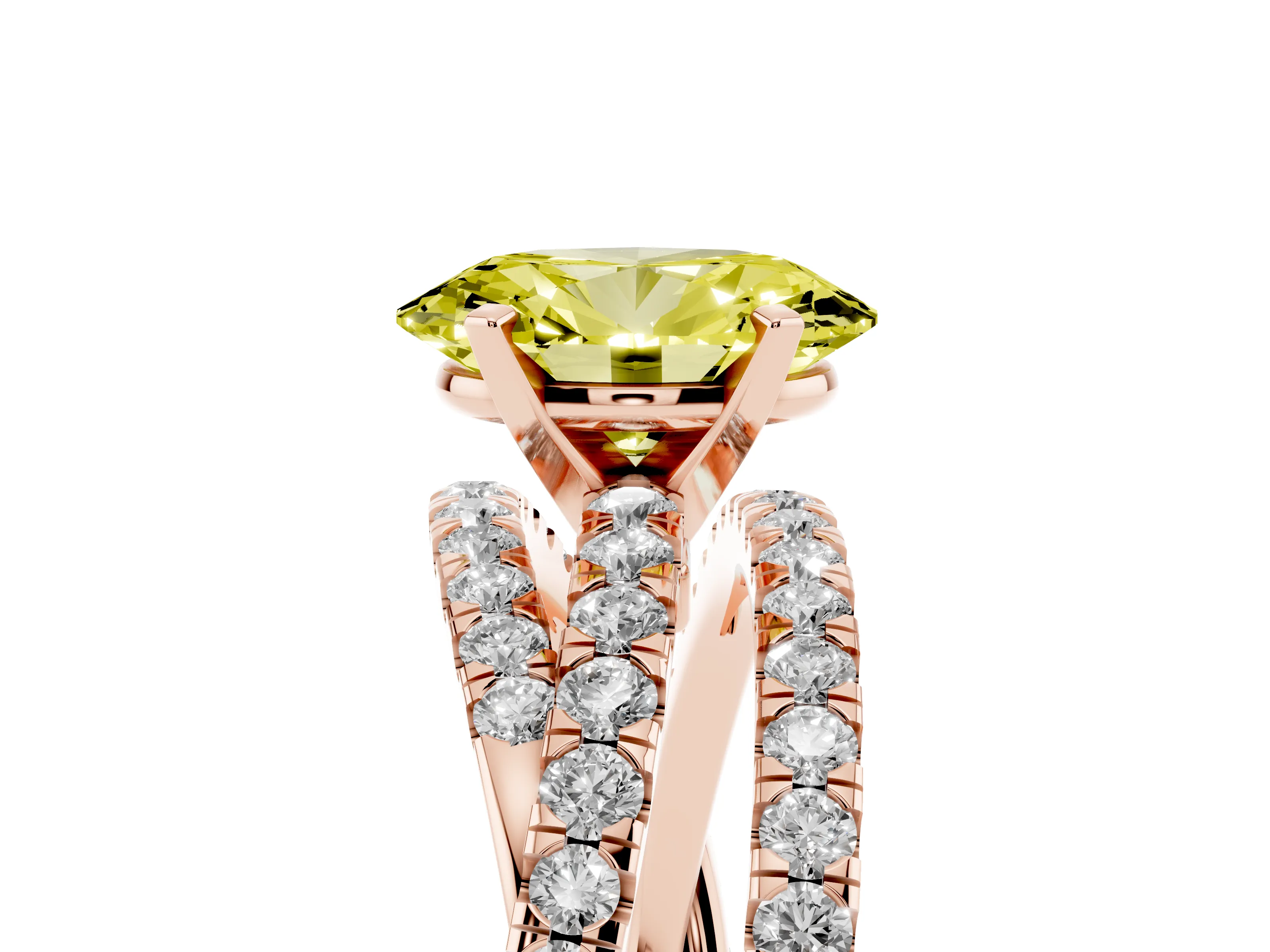Fancy Yellow Oval Cut Diamond Solitaire Twist Band Ring Set in Rose gold with Pavé Setting and Prong Head