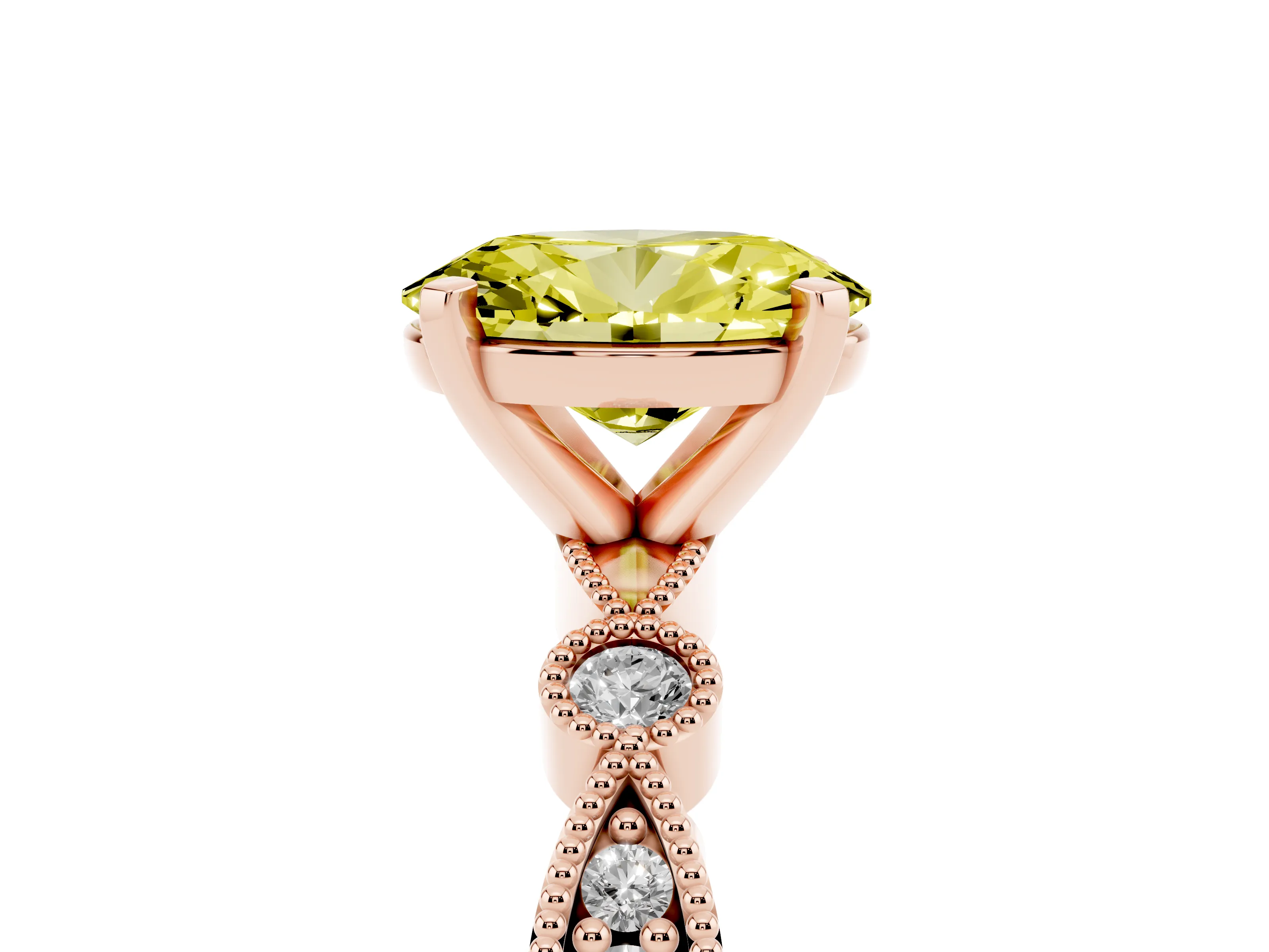 Fancy Yellow Oval Cut Diamond Solitaire Engagement Ring Set in Rose gold with Milgrain Bezel Accent Band