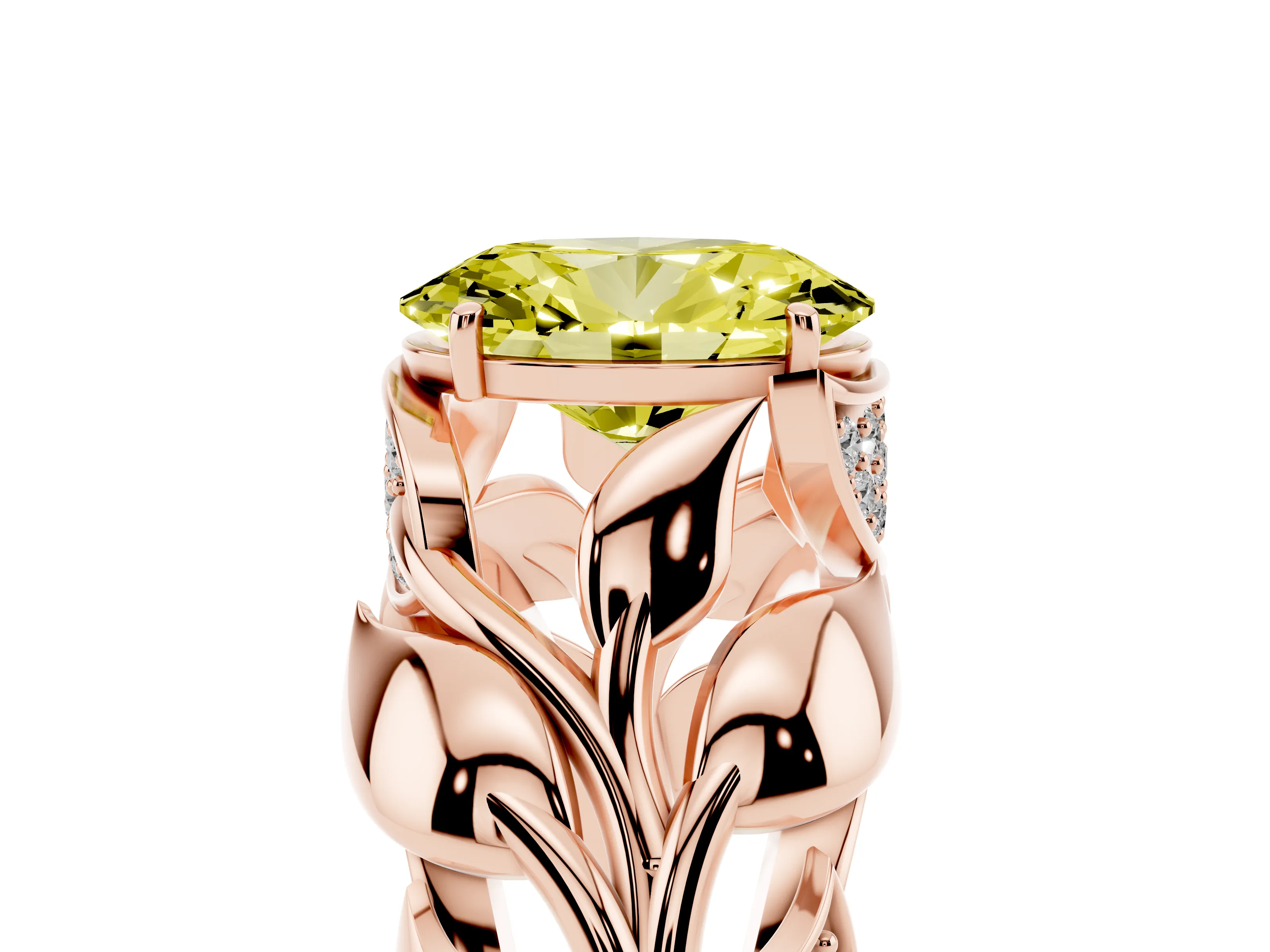 Fancy Yellow Oval Cut Diamond Leaf-Inspired Engagement Ring Set in Rose gold with Round Accents
