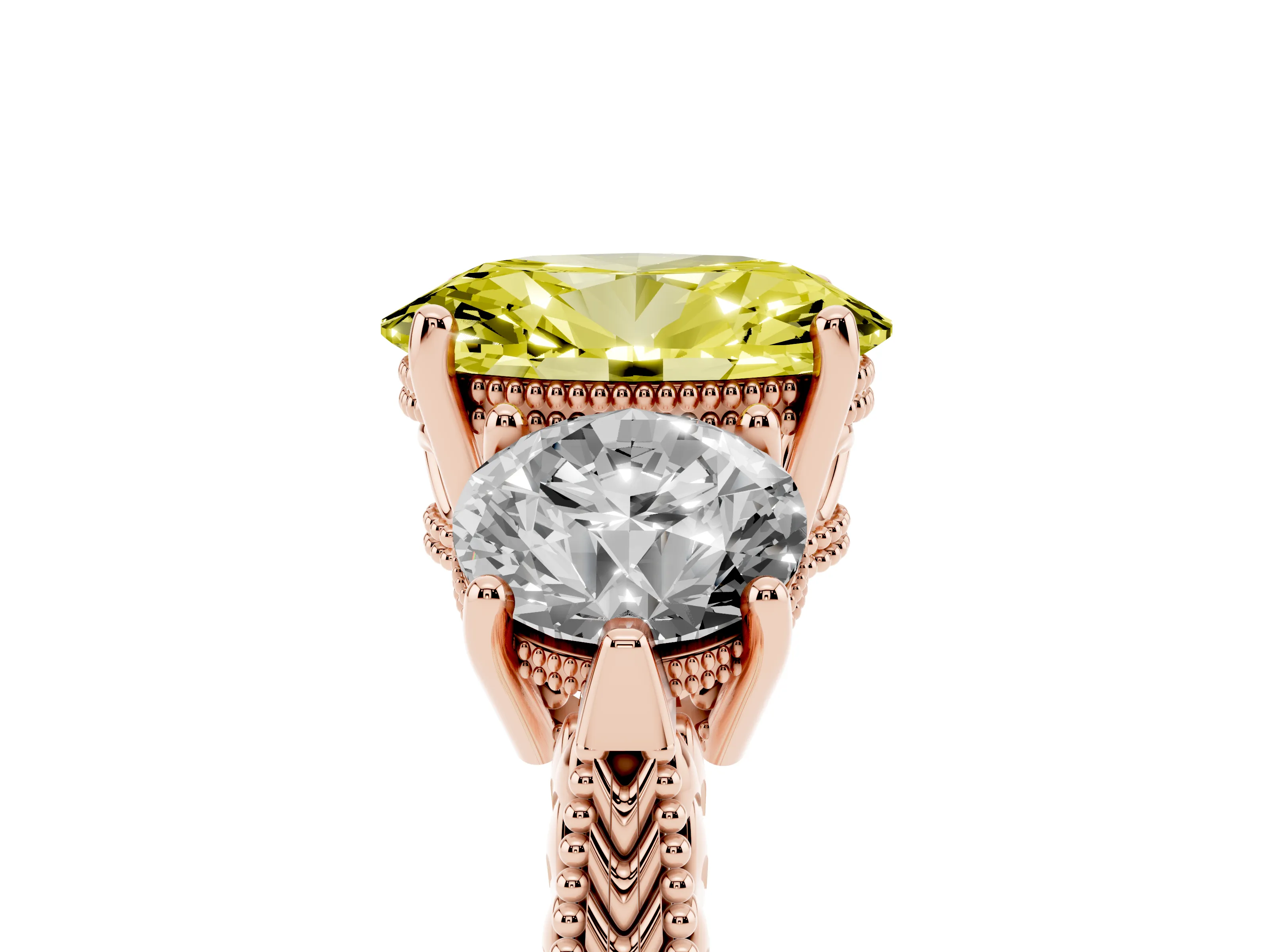 Fancy Yellow Oval Cut Diamond Three-Stone Ring Set in Rose gold with Milgrain Band