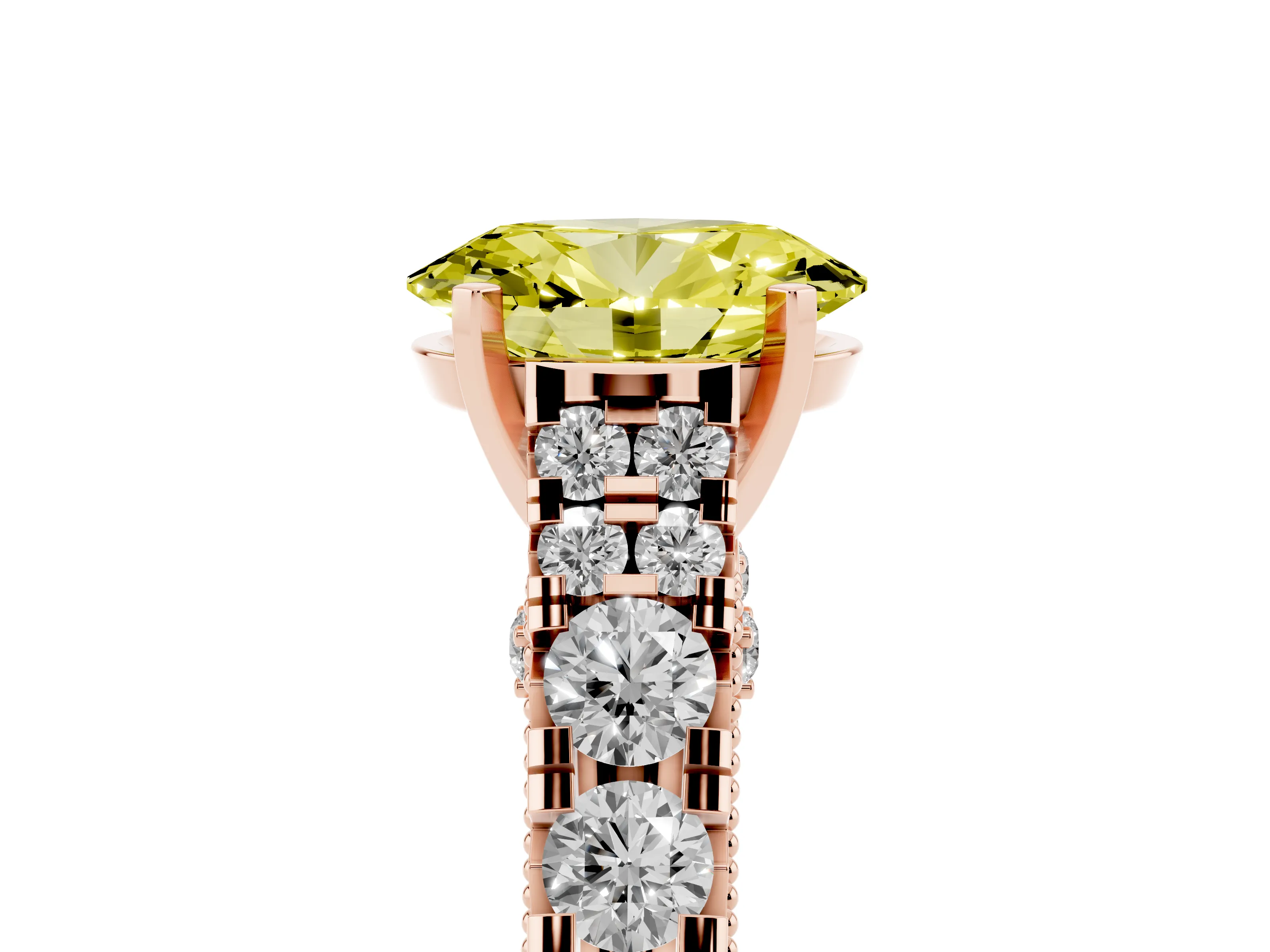 Fancy Yellow Oval Cut Diamond Classic Solitaire Ring Set in Rose gold with Pavé Band and Prong Setting