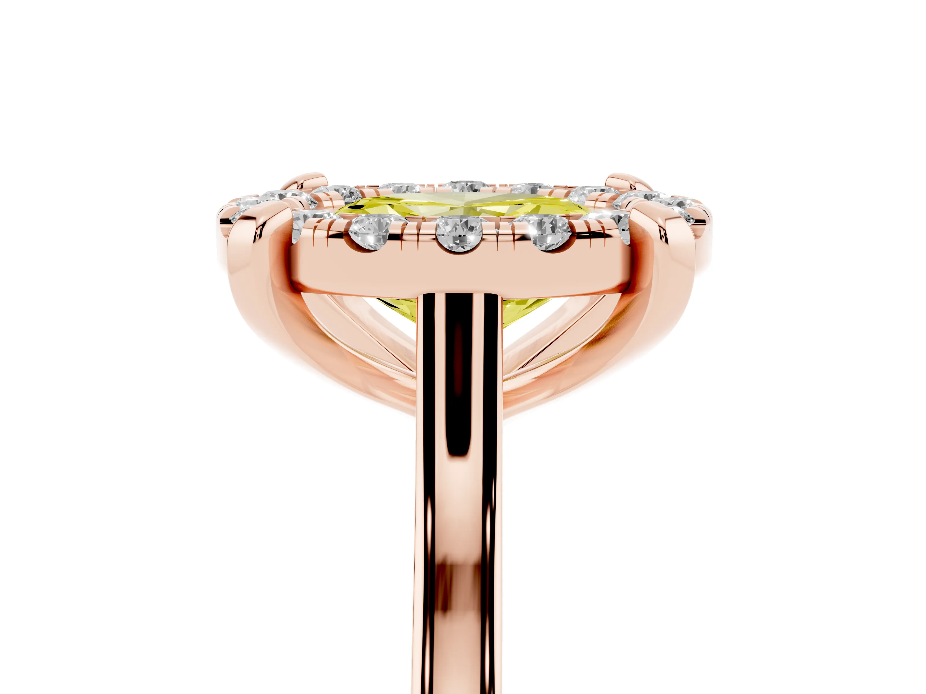 Fancy Yellow Oval Cut Diamond Cluster Halo Solitaire Ring Set in Rose gold with Prong Setting